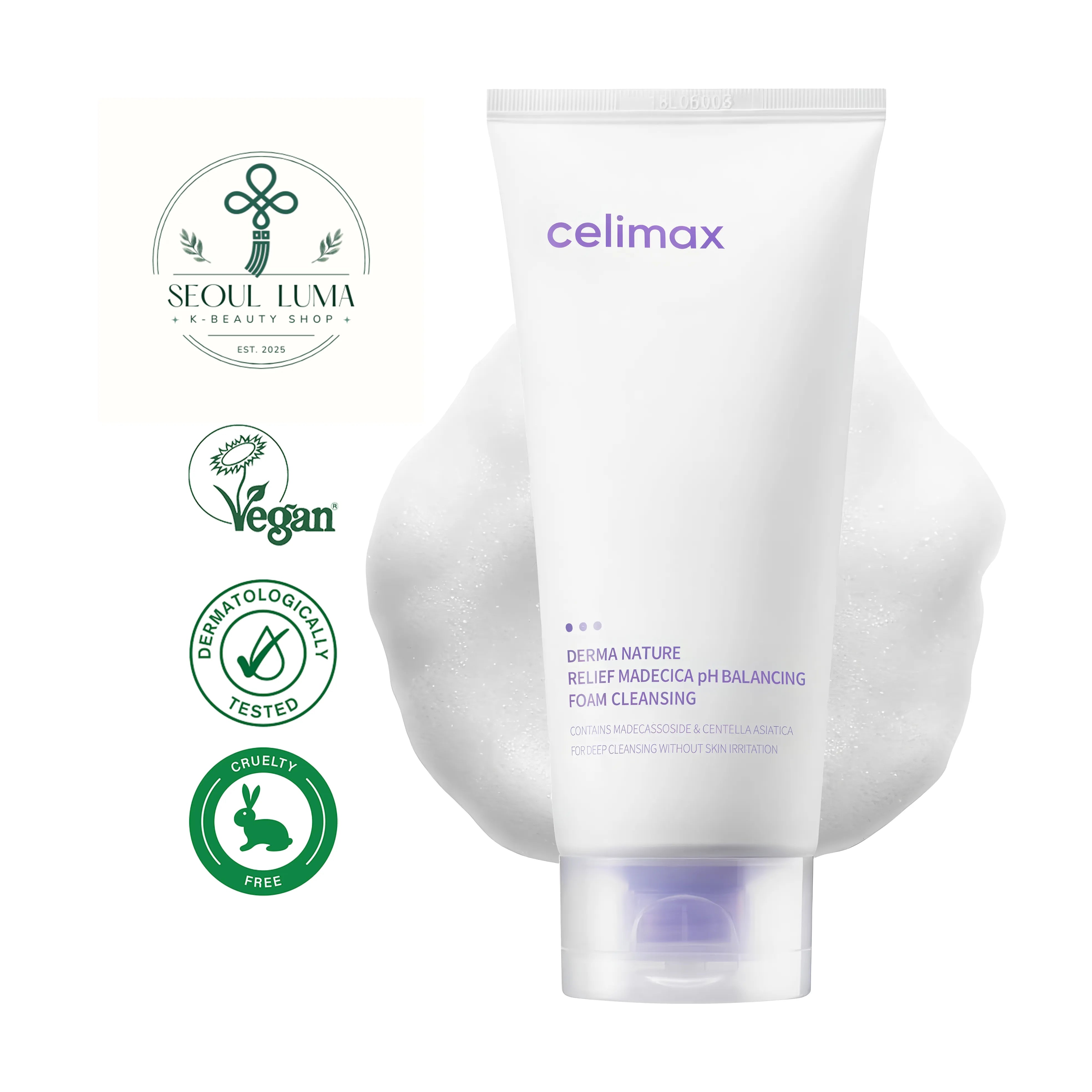 CELIMAX Derma Nature Relief Madecica pH Balancing Foam Cleansing with madecassoside, centella asiatica, and coconut surfactants for sensitive skin