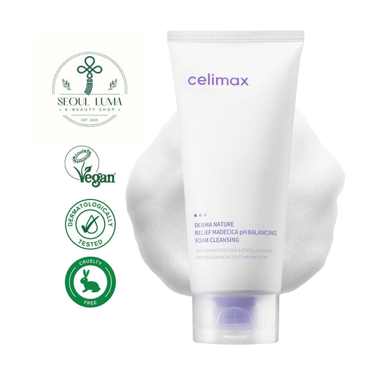 CELIMAX Derma Nature Relief Madecica pH Balancing Foam Cleansing with madecassoside, centella asiatica, and coconut surfactants for sensitive skin