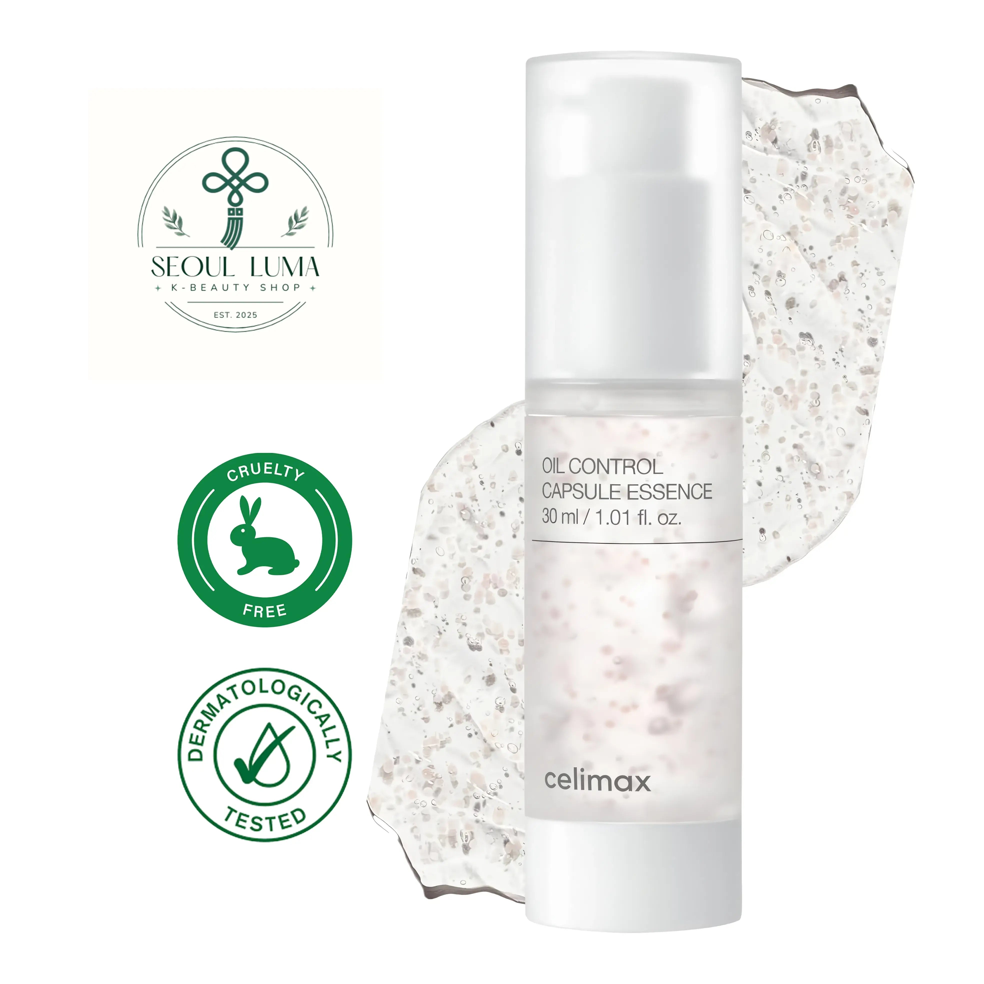 CELIMAX Oil Control Capsule Essence with Anti Sebum P, ceramide capsules, hyaluronic acid, and Japanese elm bark for oil control and hydration