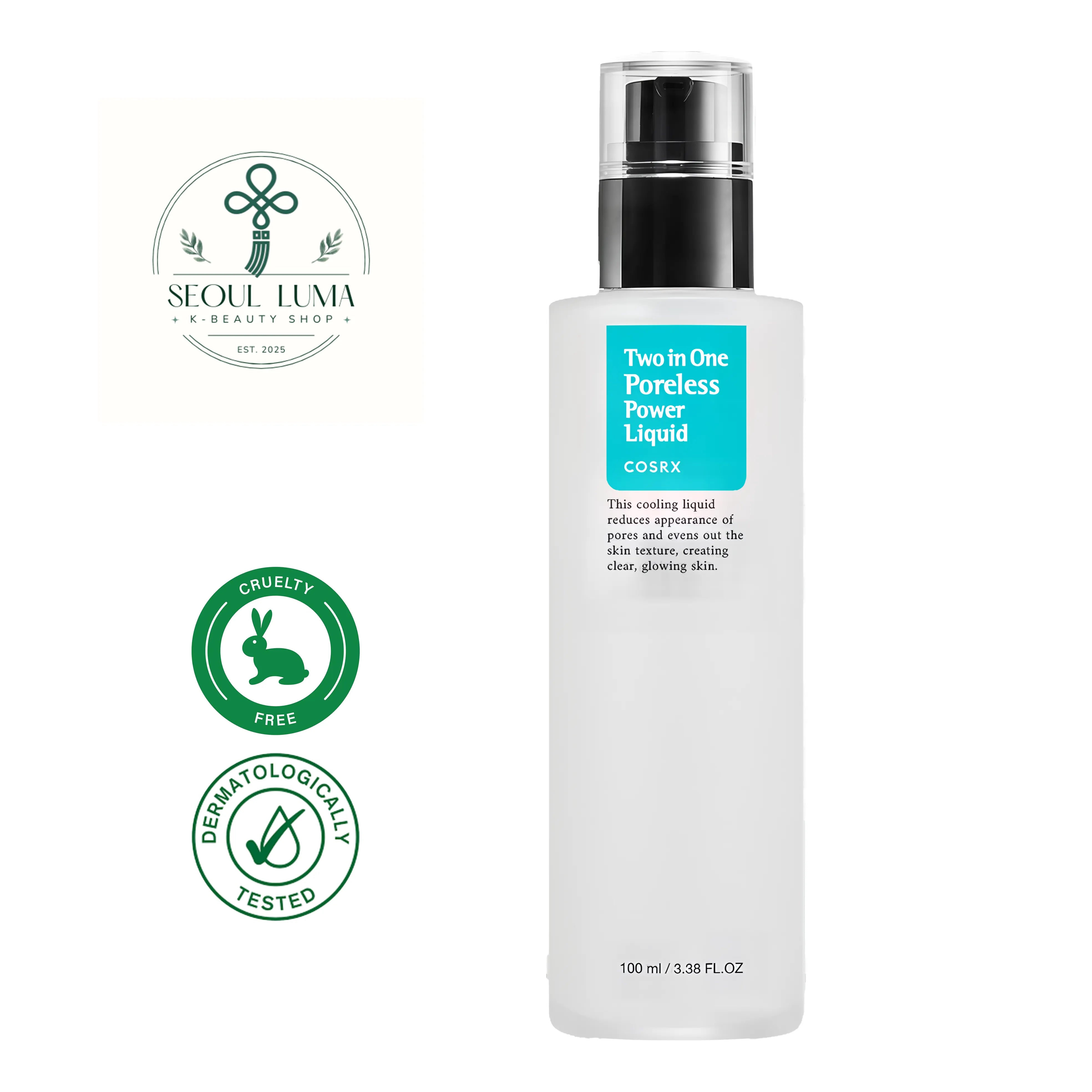 COSRX 2 in 1 Poreless Power Liquid 100ml - Pore tightening toner essence with 88% willow bark water and BHA for oily skin
