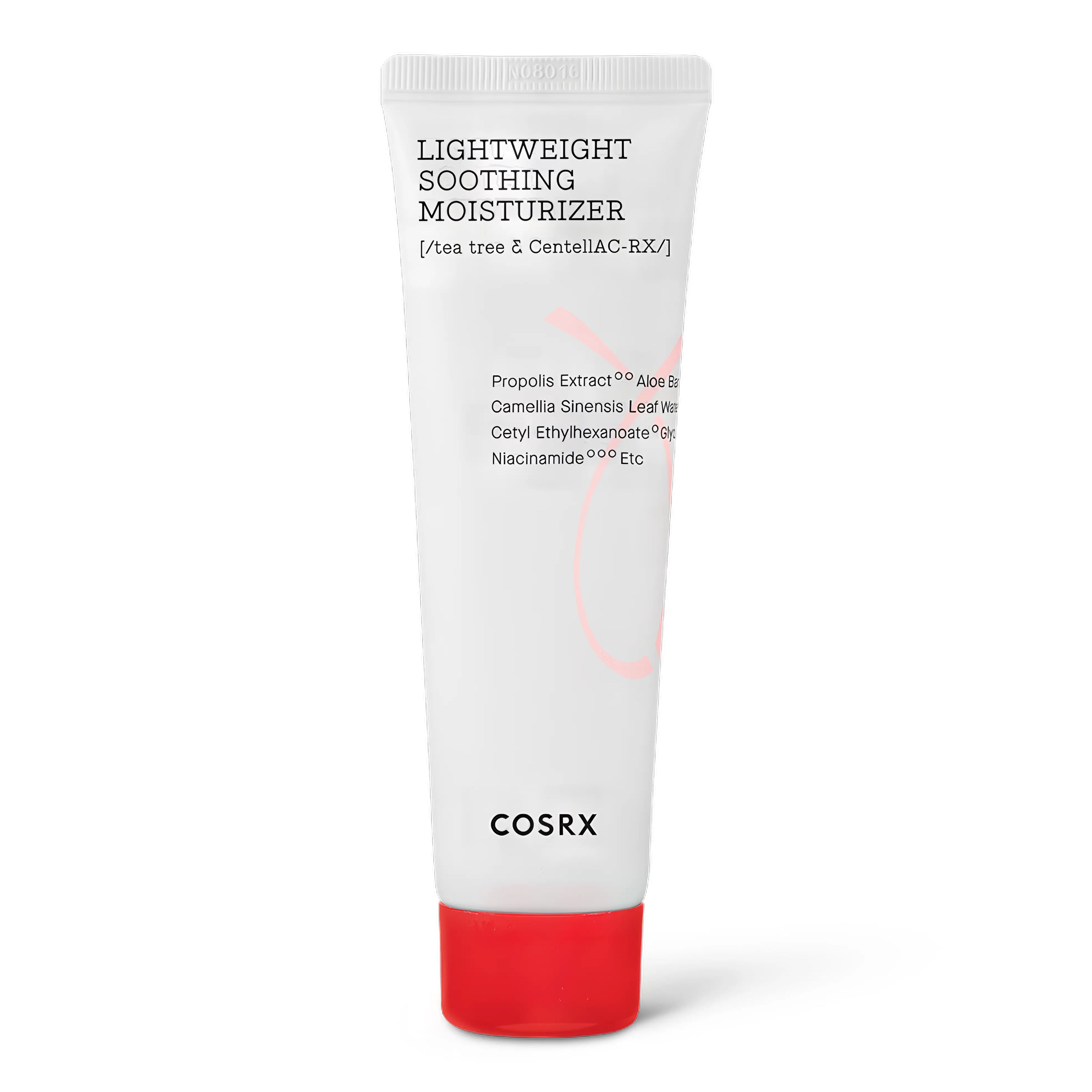 COSRX AC Collection Lightweight Soothing Moisturizer 80ml tube. A non-greasy, calming lotion infused with CentellAC-Rx and Propolis for acne-prone skin.