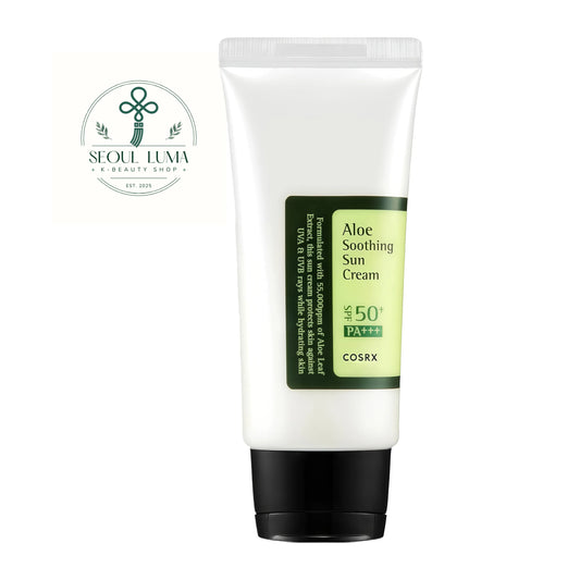 COSRX Aloe Soothing Sun Cream SPF50+ PA+++ (50ml). A moisturizing sunscreen with aloe vera extract that soothes dry skin and absorbs without a white cast