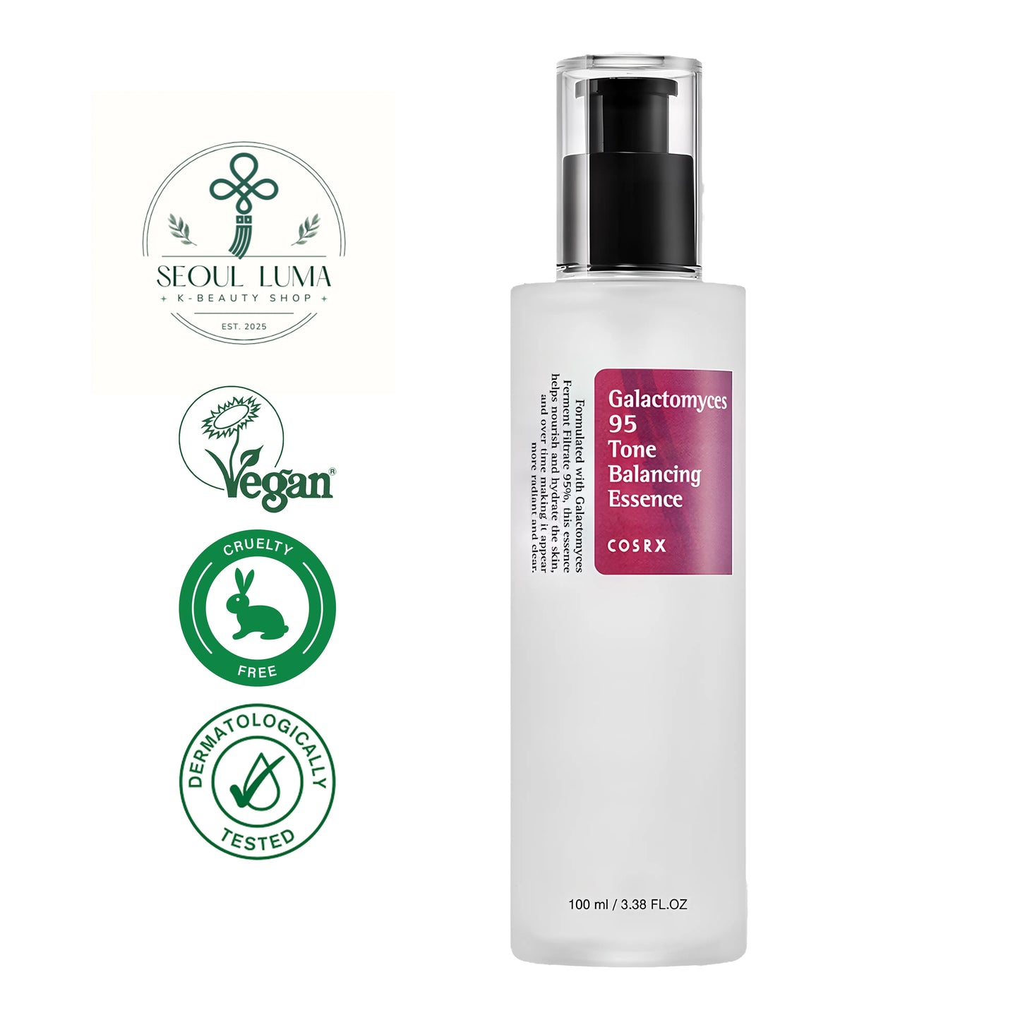 COSRX Galactomyces 95 Tone Balancing Essence 100ml - Brightening hydrating essence with 95% galactomyces ferment filtrate and niacinamide for radiant even-toned skin
