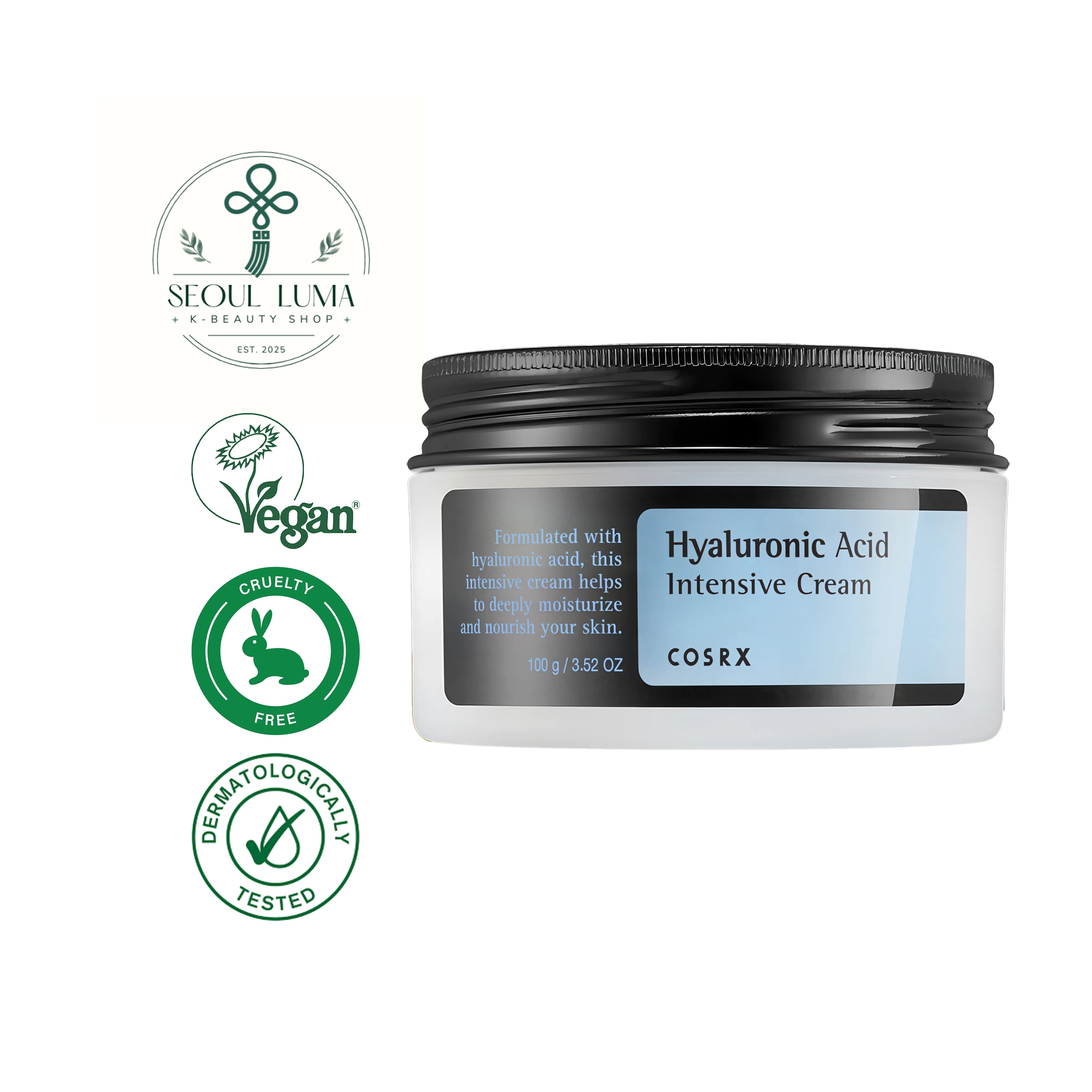 COSRX Hyaluronic Acid Intensive Cream 100ml - Nourishing moisturizer with 3000ppm sodium hyaluronate for deep hydration plump skin
