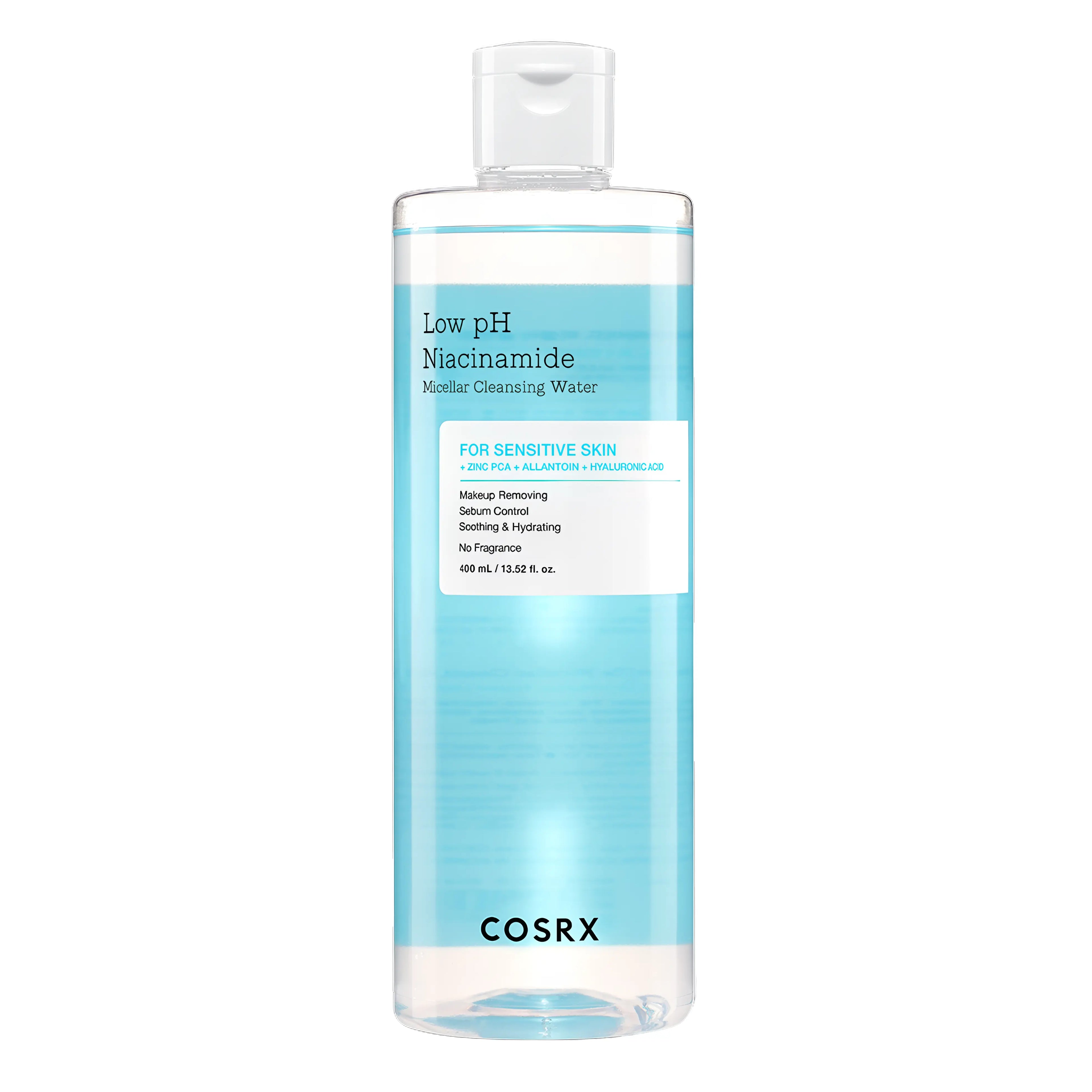 COSRX Low pH Niacinamide Micellar Cleansing Water in a 400ml bottle. A gentle, brightening makeup remover formulated with Niacinamide and Zinc PCA for sensitive and oily skin.