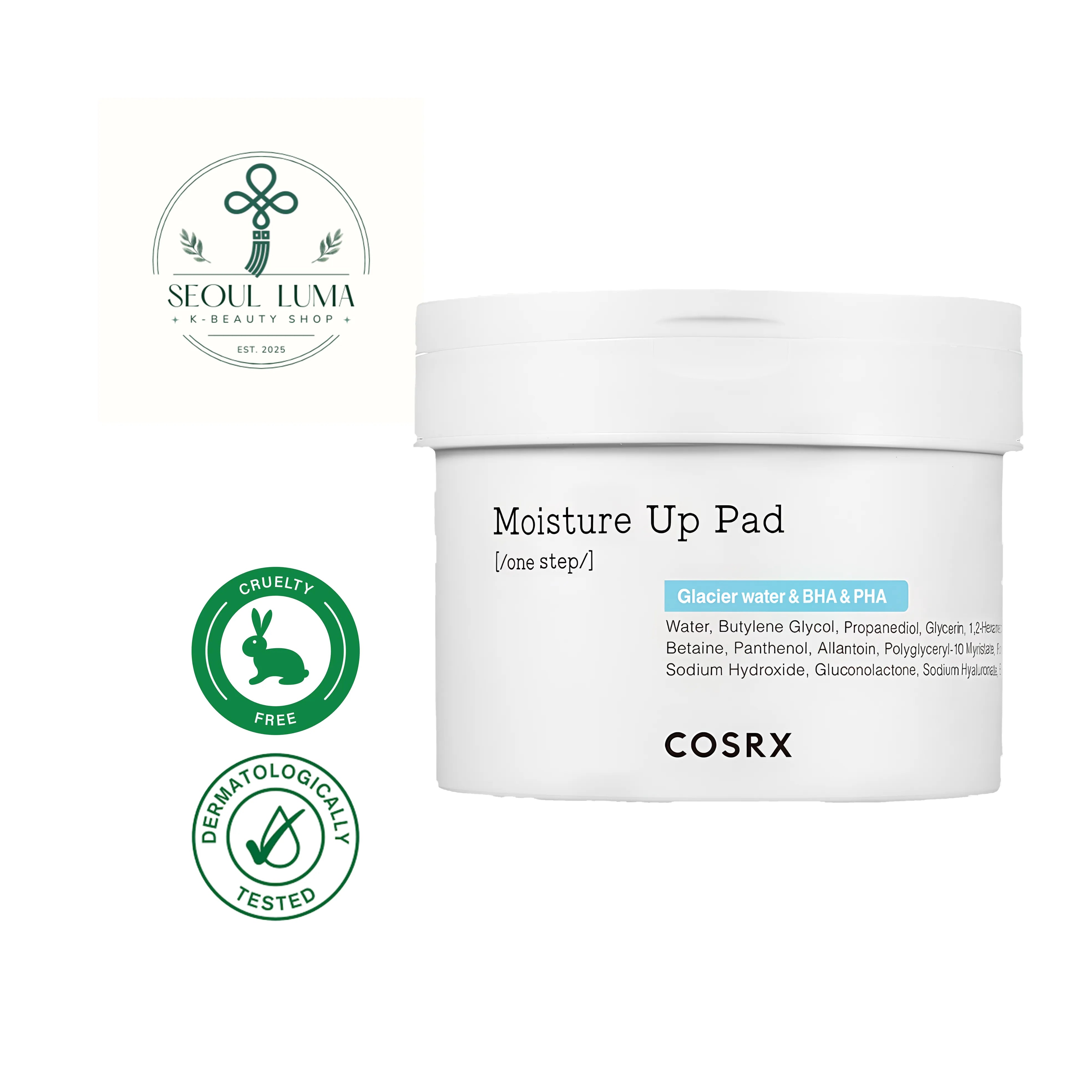 COSRX One Step Moisture Up Pad with 84% Alaska glacier water and BHA for hydration and gentle exfoliation