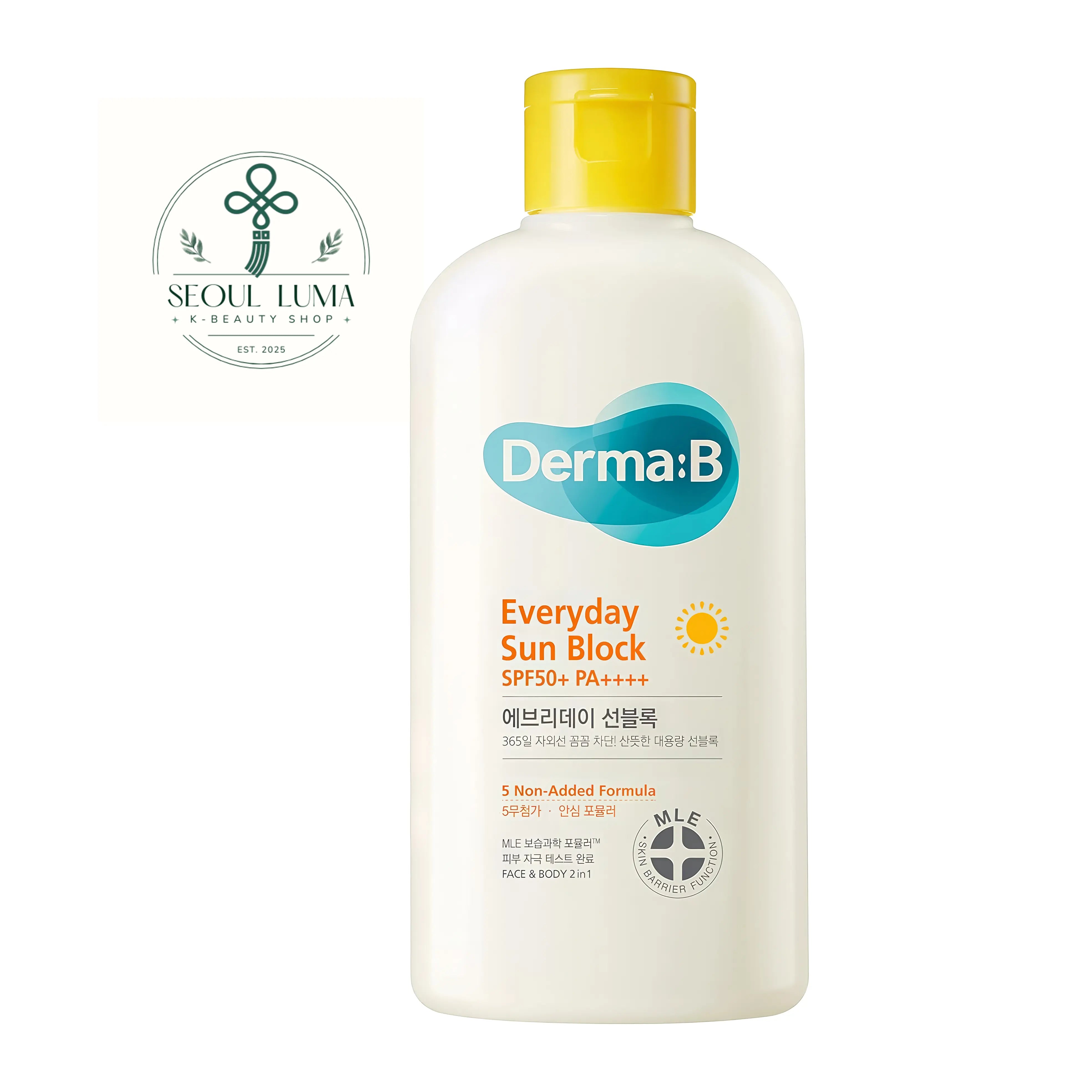 Derma:B Everyday Sun Block SPF50+ PA++++ (200ml). A jumbo-sized moisturizing sunscreen for face and body with MLE technology that hydrates without white cast