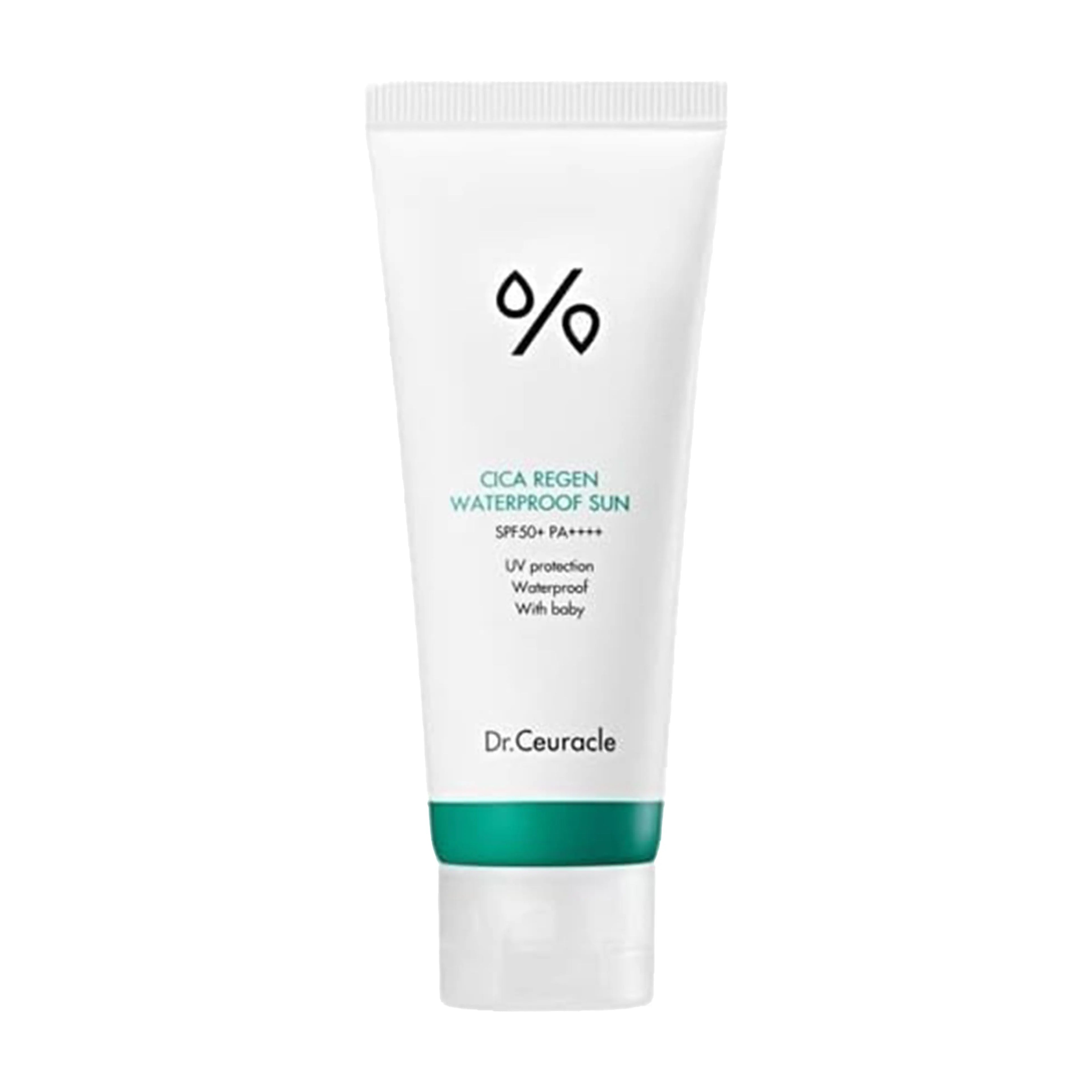 DR.CEURACLE Cica Regen Waterproof Sun 100mL SPF50+ PA++++. Best K-beauty waterproof sunscreen for outdoor activities, surfing, and sports