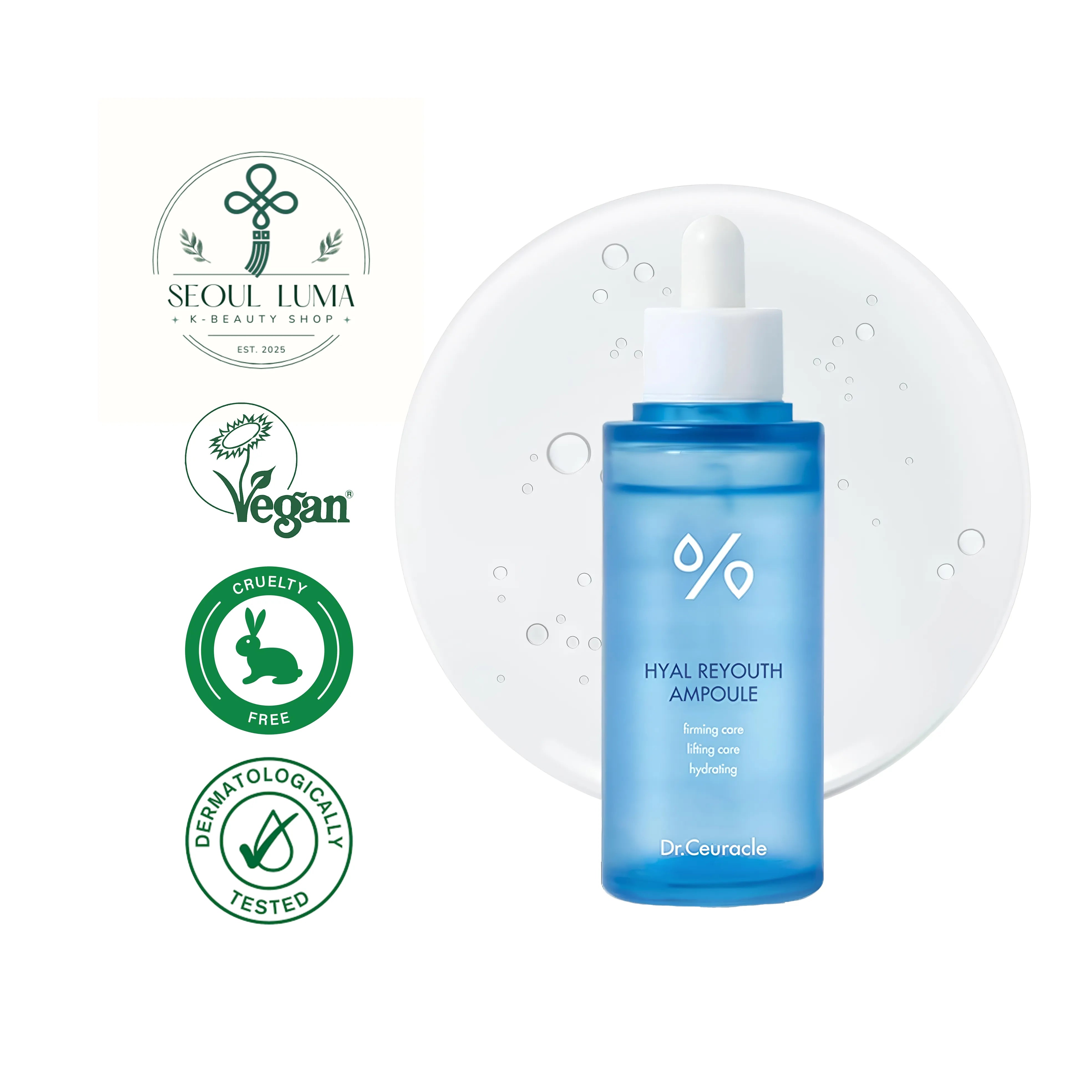 DR. CEURACLE Hyal Reyouth Ampoule with 6-type hyaluronic acid complex, niacinamide, and ceramides for anti-aging and deep hydration