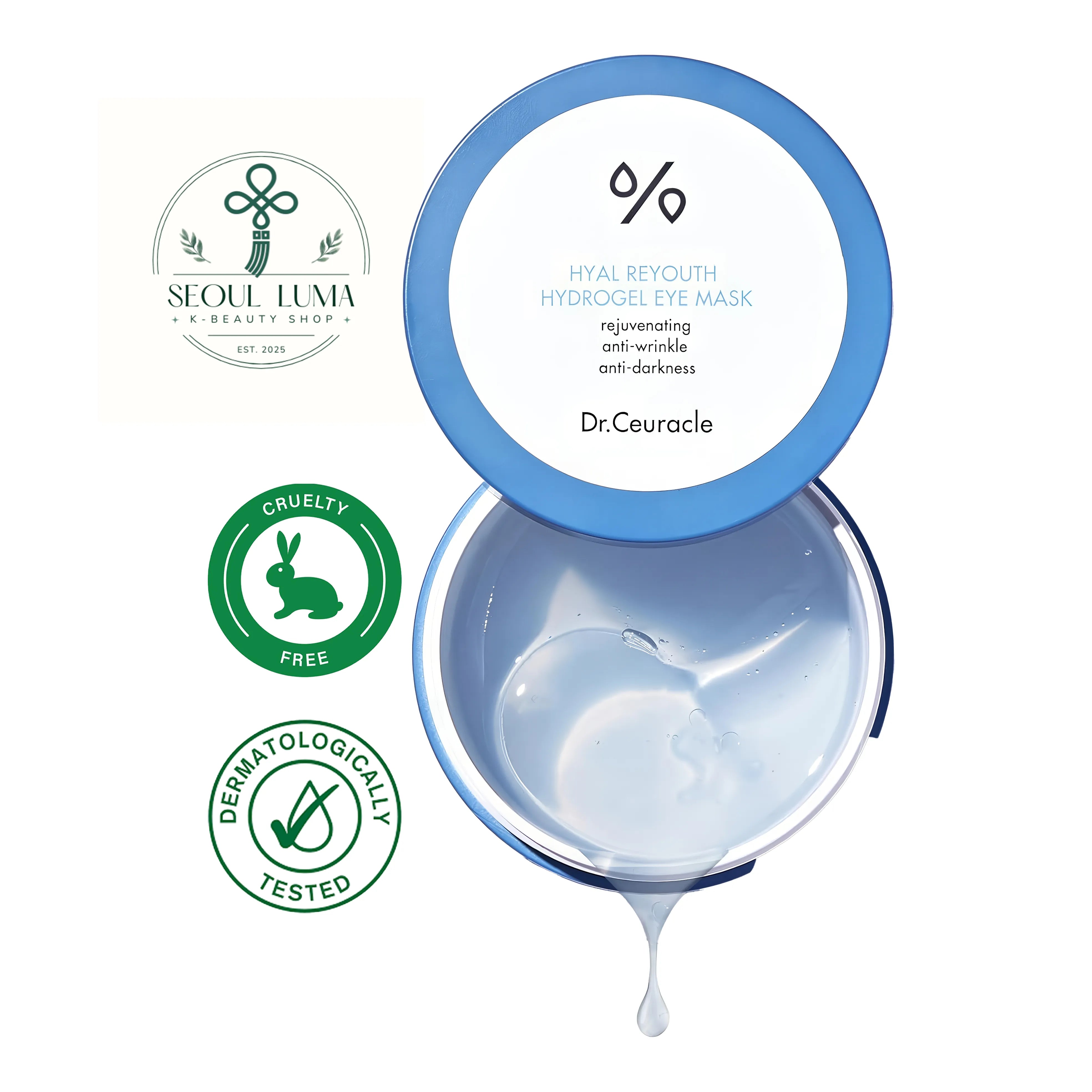 DR.CEURACLE Hyal Reyouth Hydrogel Eye Mask with 6 hyaluronic acids complex and niacinamide for anti-aging eye treatment and dark circles reduction