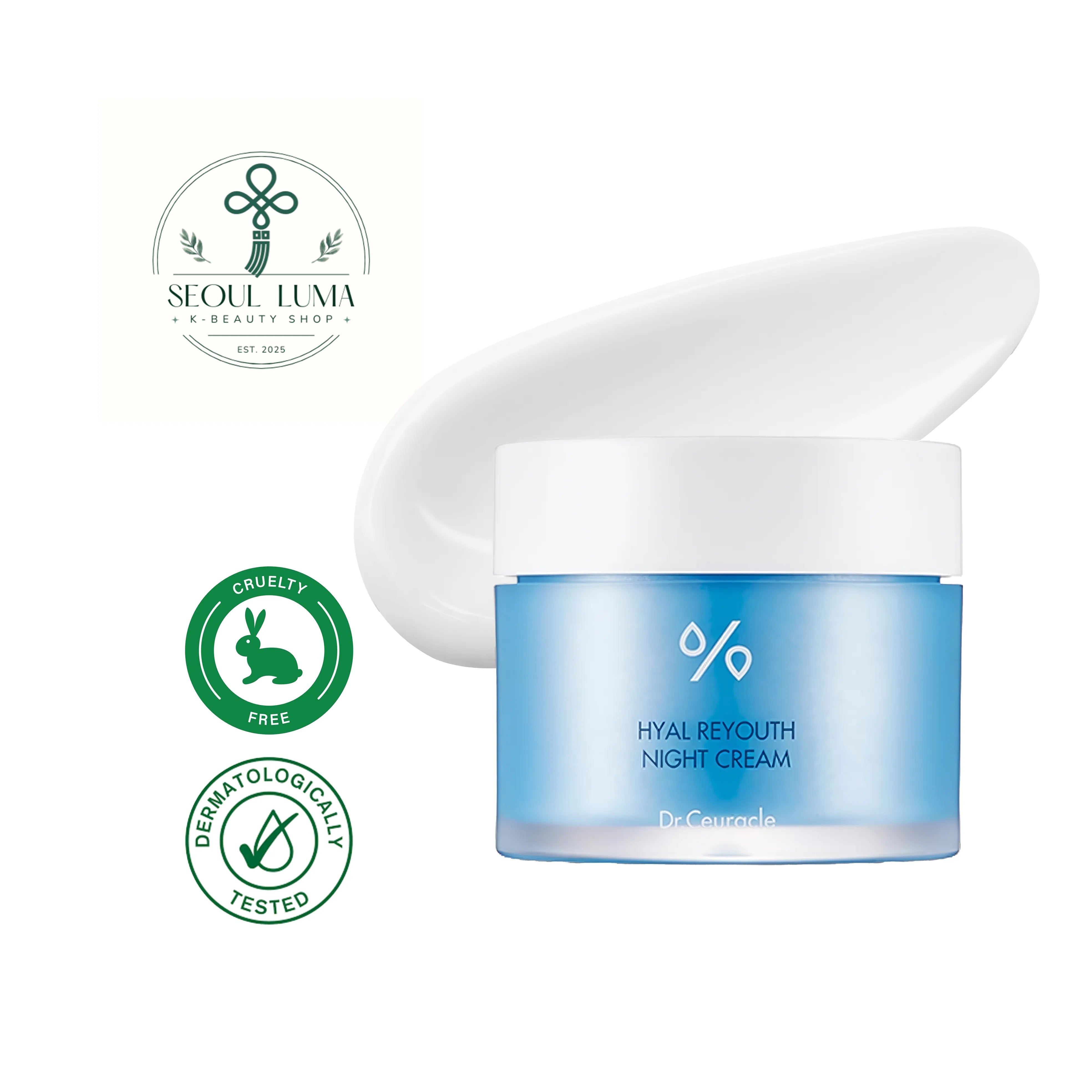 DR.CEURACLE Hyal Reyouth Night Cream with 6 hyaluronic acids complex, niacinamide, and Phase Inverted Technology for intensive overnight hydration