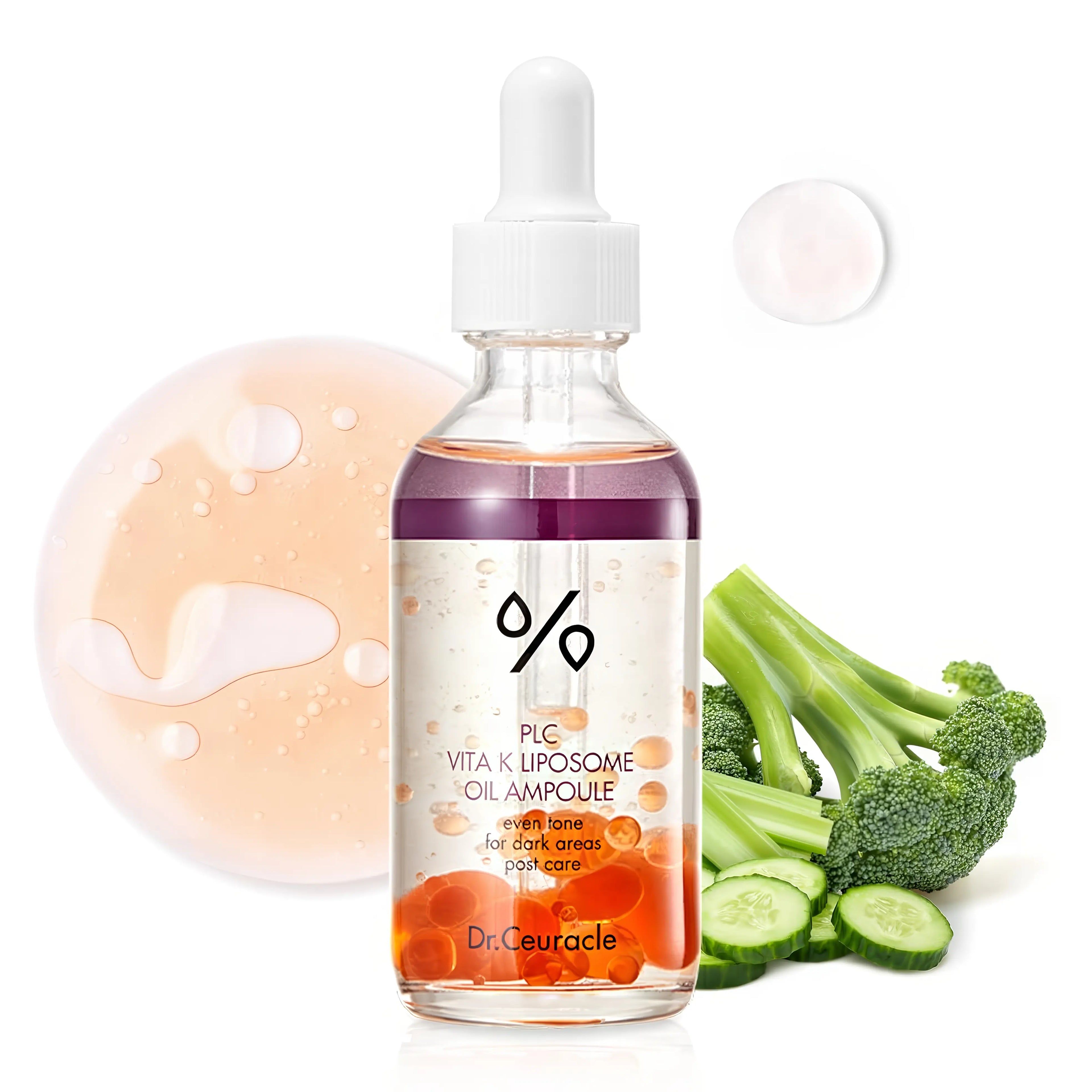 Dr.Ceuracle PLC Vita K Liposome Oil Ampoule 50ml, dual-layer oil ampoule with 100,000ppm Vitamin K Liposome deep penetration improves blood circulation evens irregular skin tone relieves dark circles bruising post-laser recovery skin imperfections, 6-Phyto K Complex (Cabbage Broccoli Kale Celery Cucumber Parsley extracts) rich Vitamin K antioxidant brightening healing nourishment, Niacinamide pore refinement tone-up dark spot fading barrier boost, Moringa Seed Oil emollient antioxidant hydration suppleness,