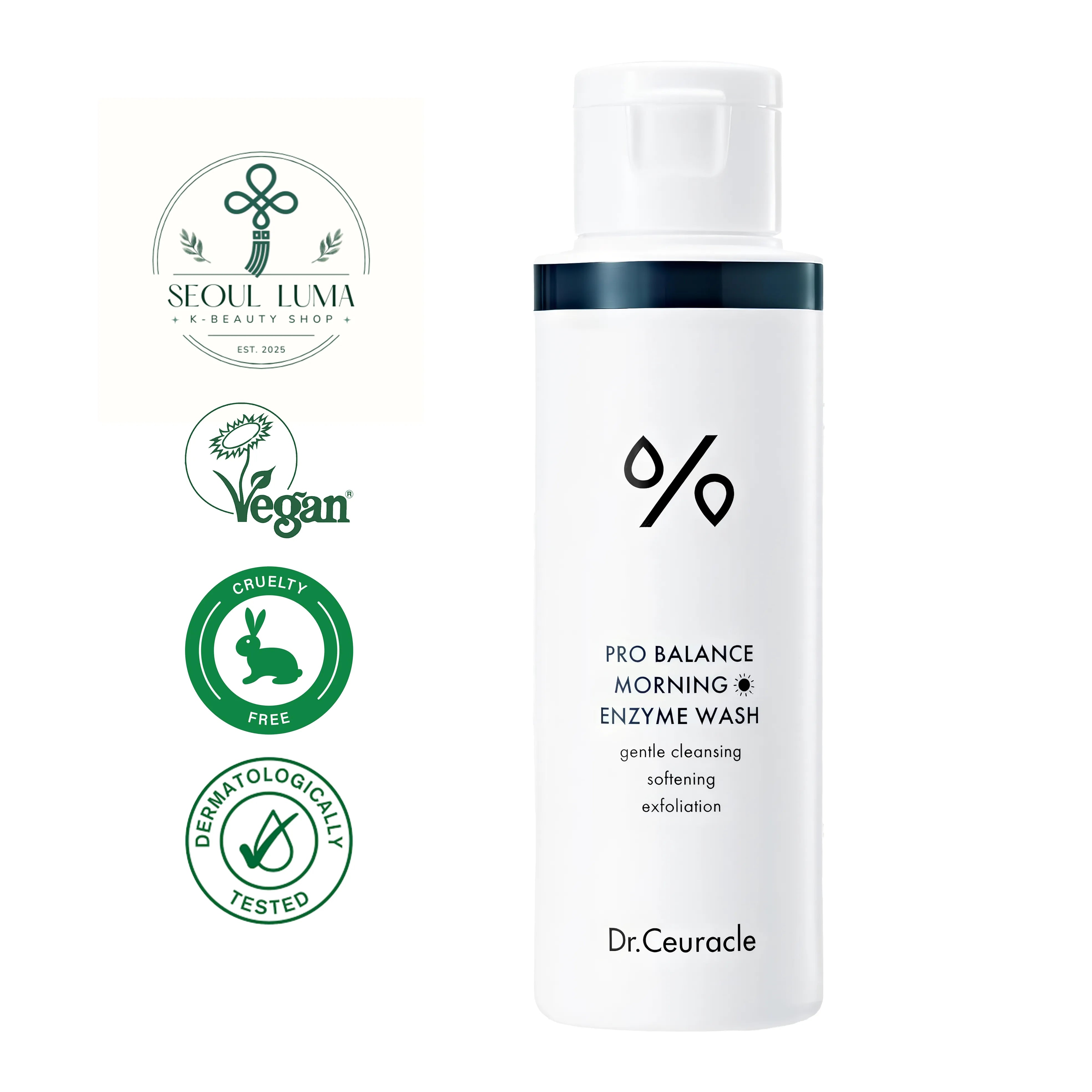 DR.CEURACLE Pro Balance Morning Enzyme Wash with 5 probiotics complex, protease enzyme, and powder-to-foam formula for gentle morning cleansing