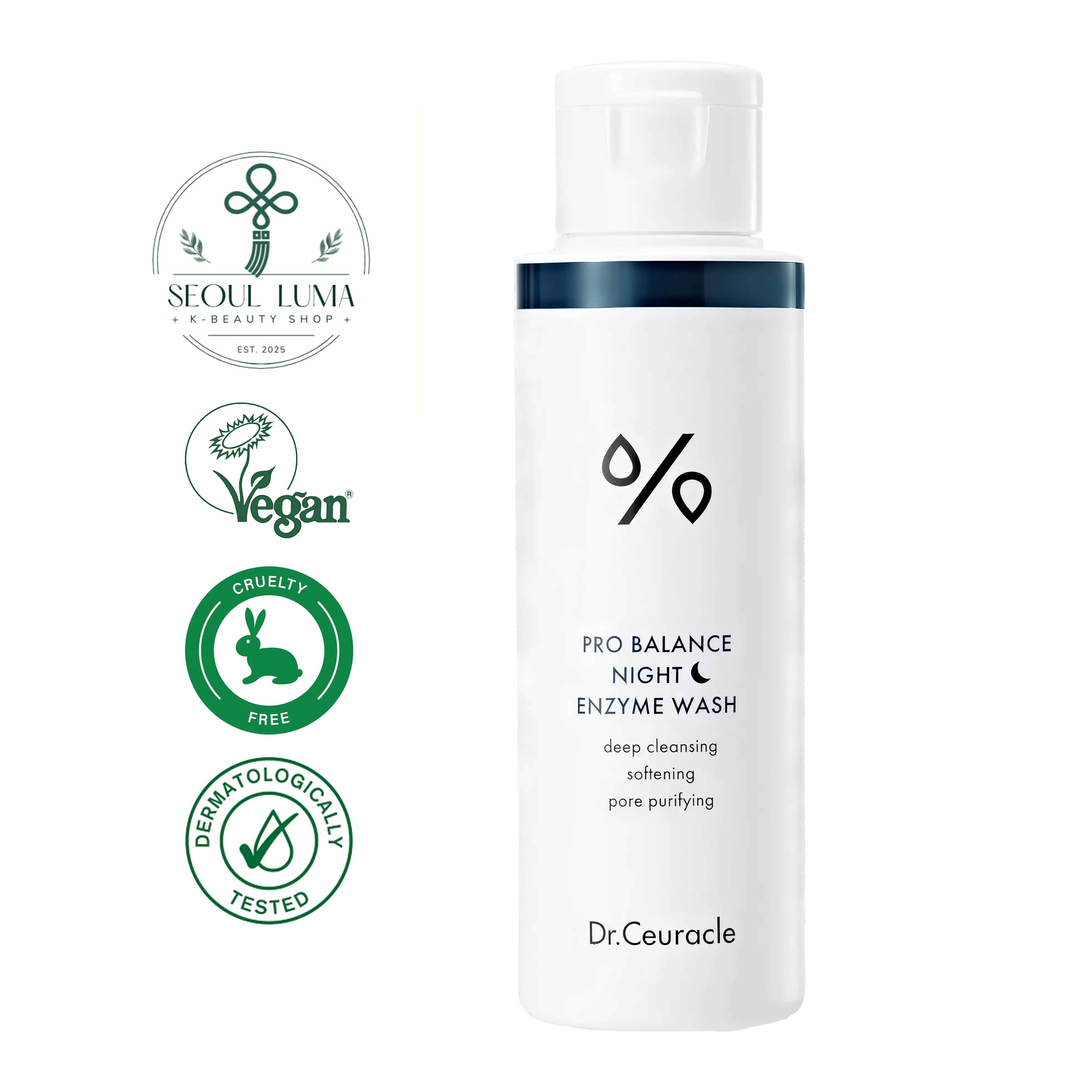 DR.CEURACLE Pro Balance Night Enzyme Wash with 5 probiotics complex, charcoal powder, and protease enzyme for deep nighttime cleansing and exfoliation