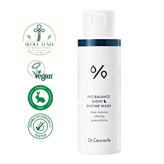 DR.CEURACLE Pro Balance Night Enzyme Wash with 5 probiotics complex, charcoal powder, and protease enzyme for deep nighttime cleansing and exfoliation
