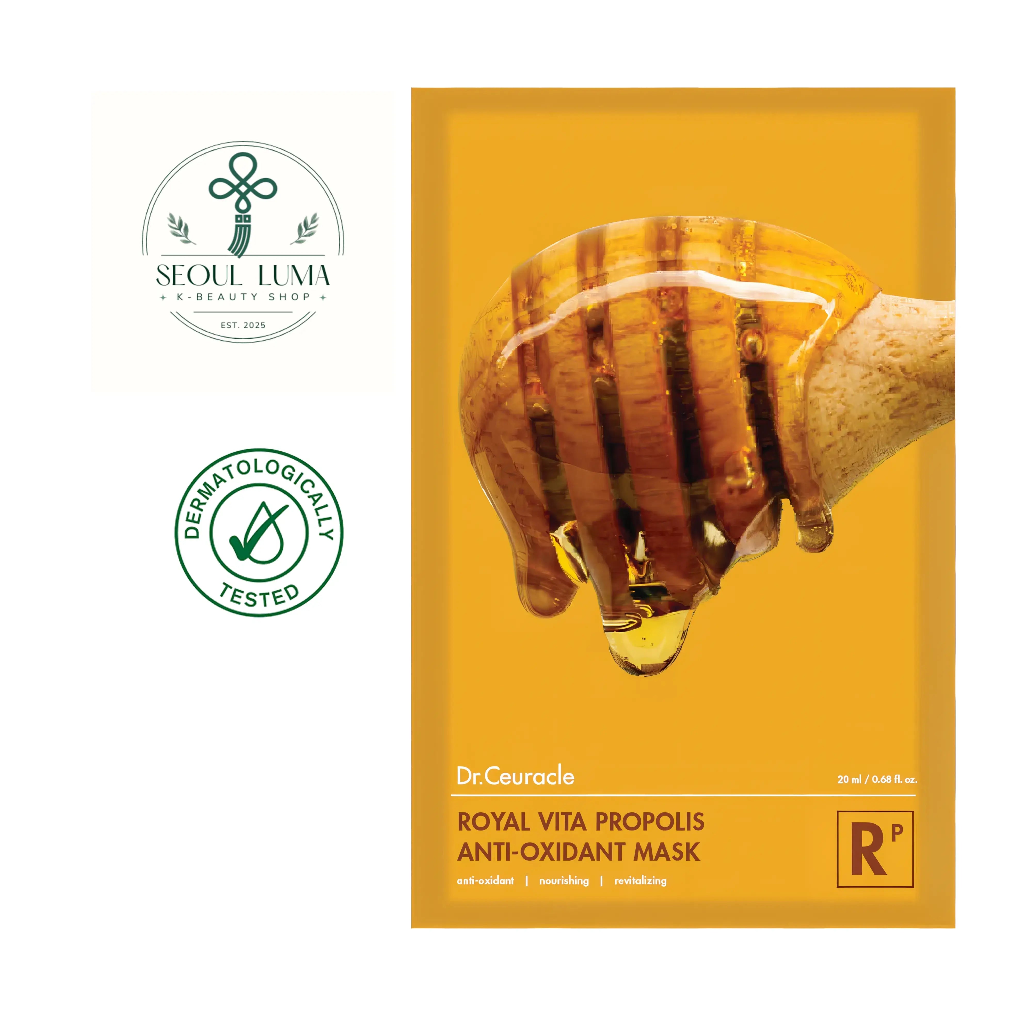 Dr. Ceuracle Royal Vita Propolis Anti-Oxidant Mask - brightening sheet mask with propolis, royal jelly, and vitamin C for instant glow