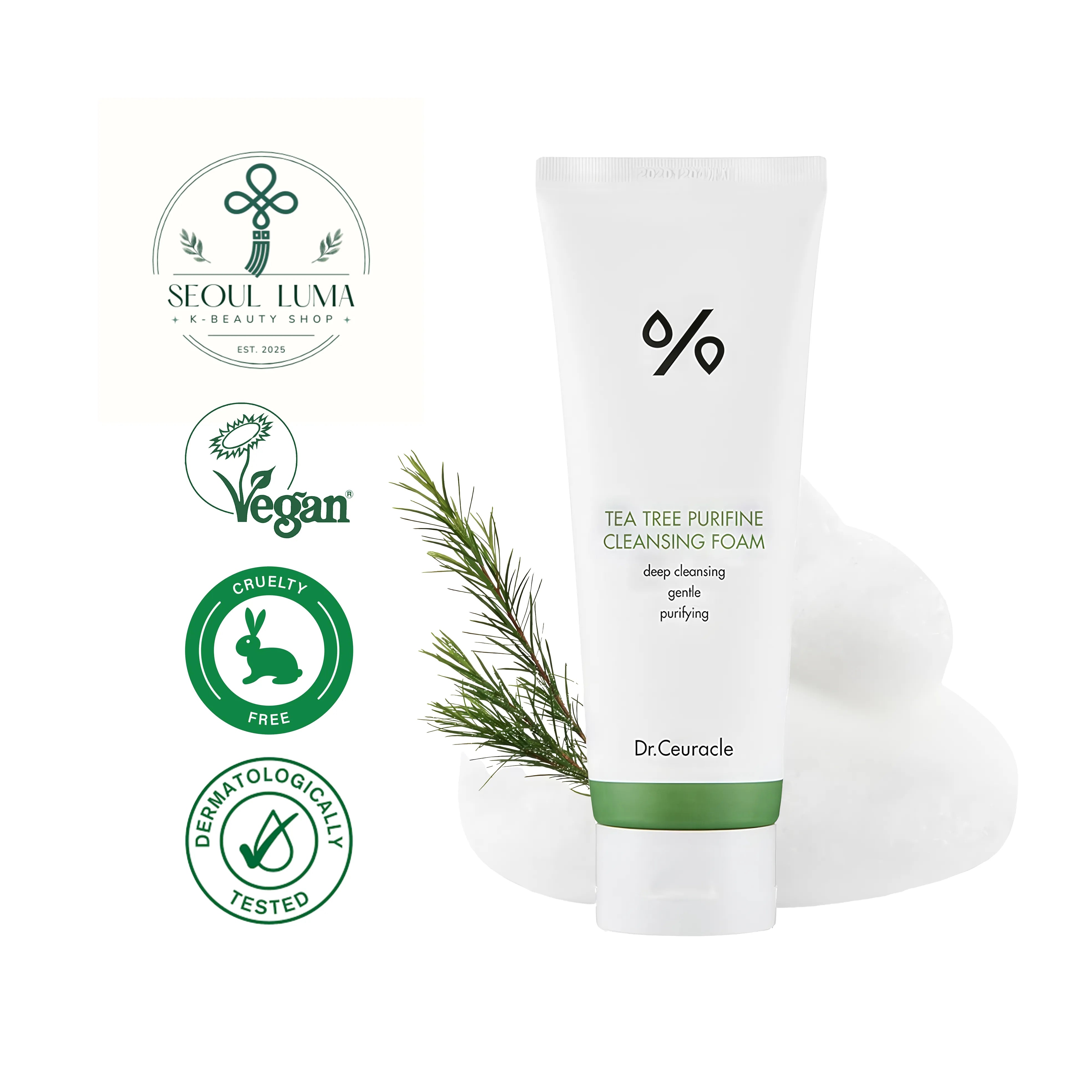 DR.CEURACLE Tea Tree Purifine Cleansing Foam with 30% tea tree extract, citric acid exfoliant, and shea butter for gentle acne-prone skin cleansing