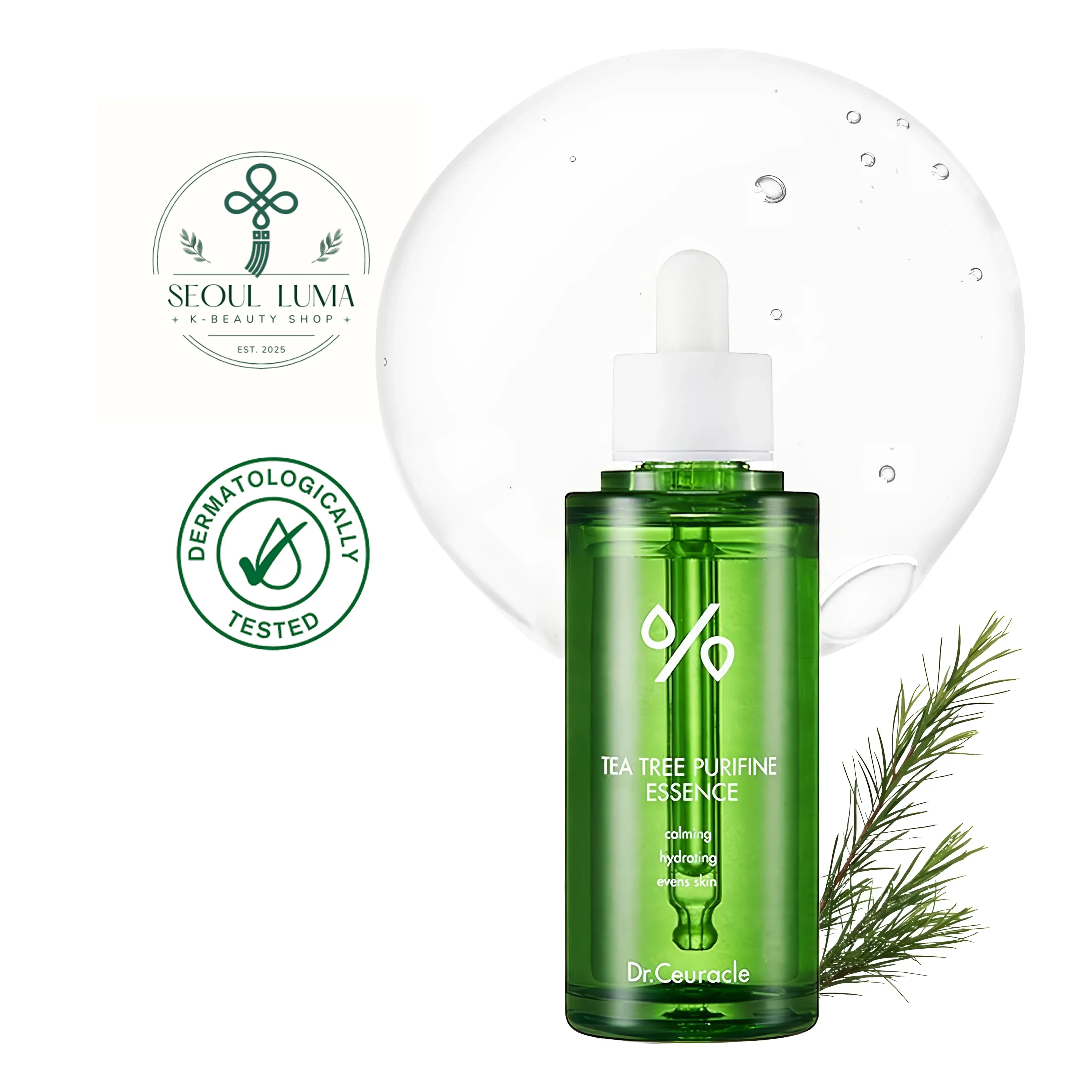 Dr. Ceuracle Tea Tree Purifine Essence with 95% tea tree extract for targeted acne treatment and pore purification