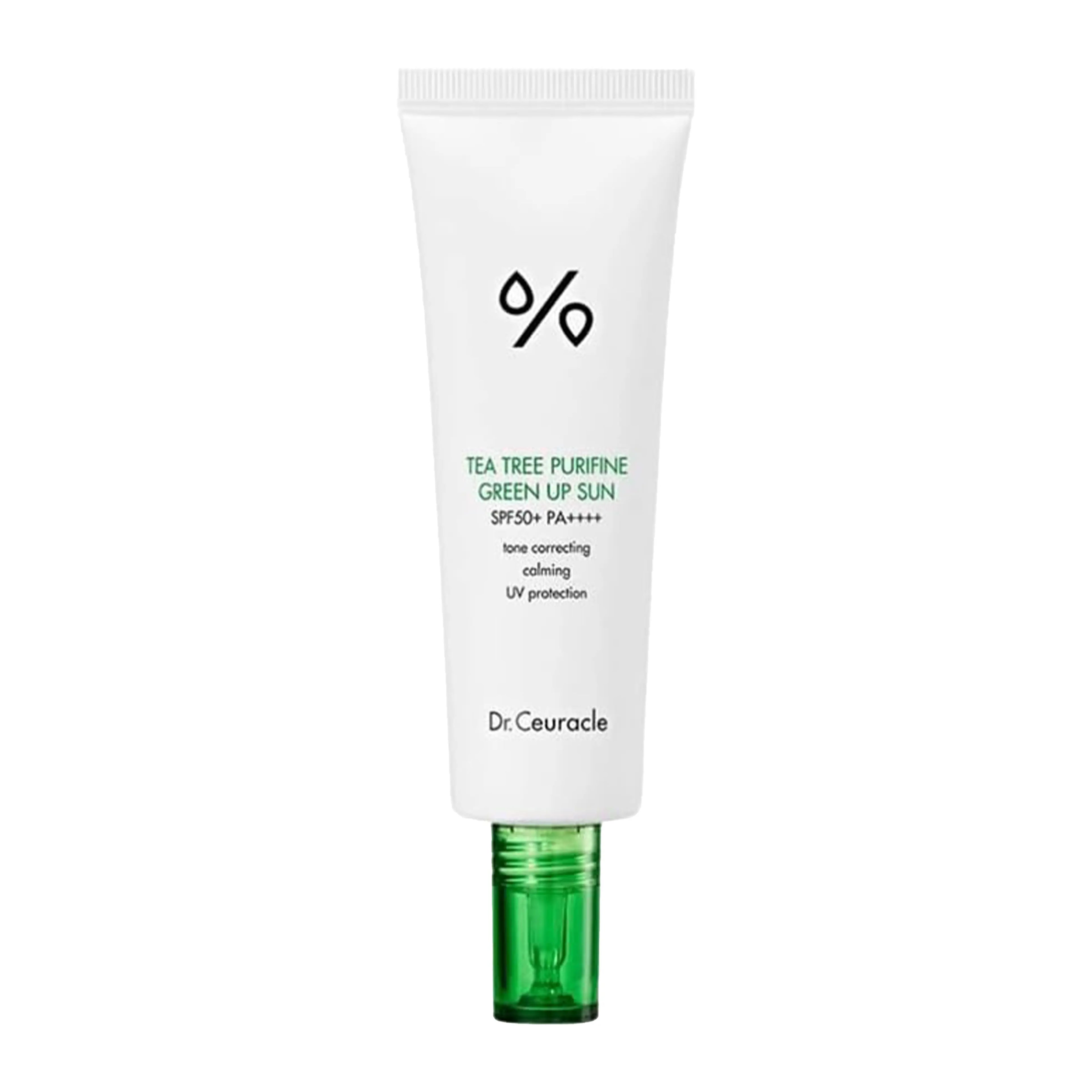 DR.CEURACLE Tea Tree Purifine Green Up Sun 50mL SPF50+ PA++++. K-beauty green-tinted tea tree sunscreen for redness correction and acne-prone skin