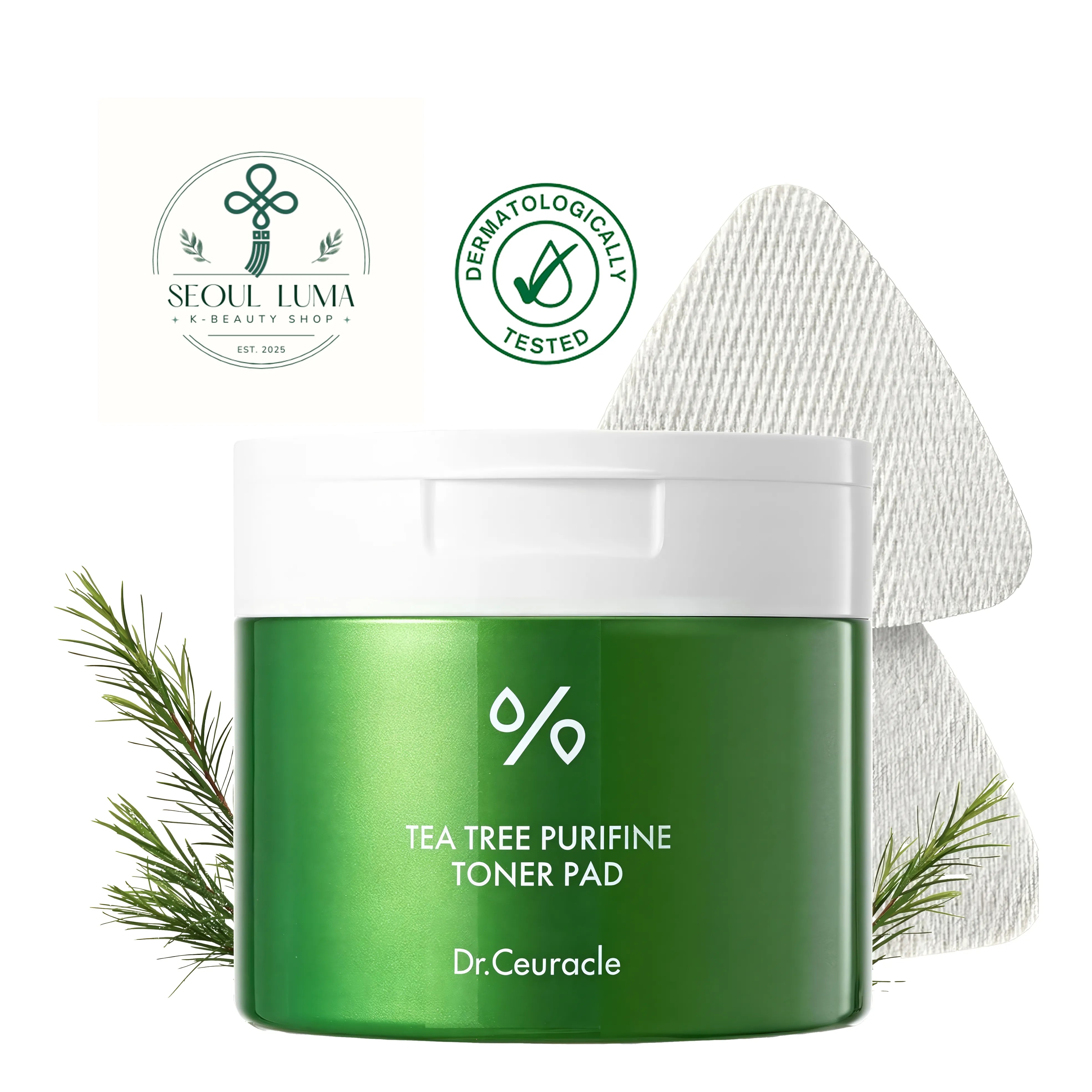 DR.CEURACLE Tea Tree Purifine Toner Pad with dual-textured surfaces, tea tree extract, BHA/PHA, and zinc PCA for acne care and gentle exfoliation