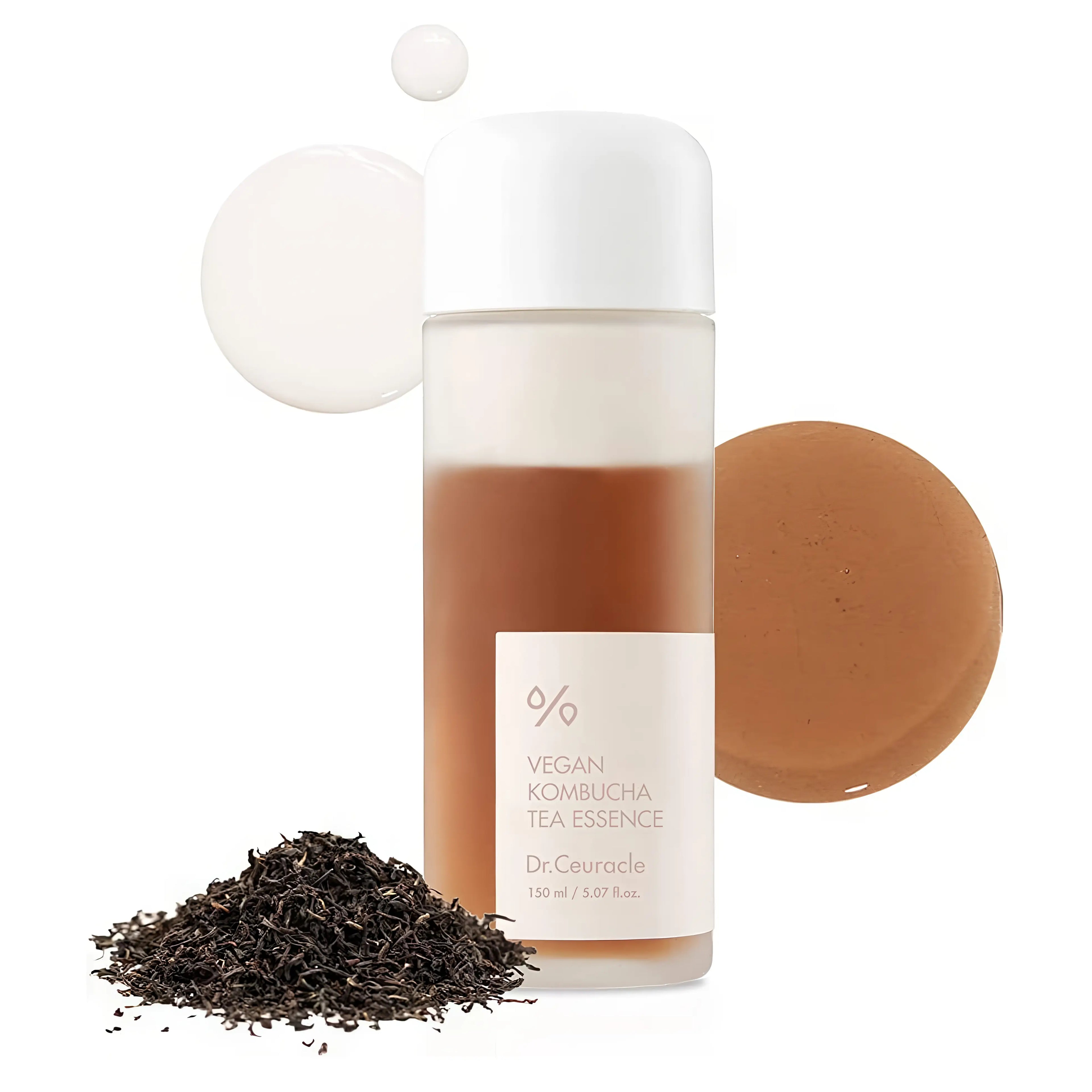 Dr.Ceuracle Vegan Kombucha Tea Essence 150ml, toner-essence hybrid with 78% Vegan Kombucha Tea Complex (58.9% green tea leaf water + 20% fermented black tea Saccharomyces Ferment Filtrate) probiotics vitamins B amino acids tannins for antioxidant detoxification microbiome balance oil-moisture equilibrium barrier strengthening anti-aging glow, Ceramide NP skin barrier repair hydration retention, Sodium Hyaluronate deep moisture plumping, Centella Asiatica calming soothing redness relief, Schisandra Chinensis