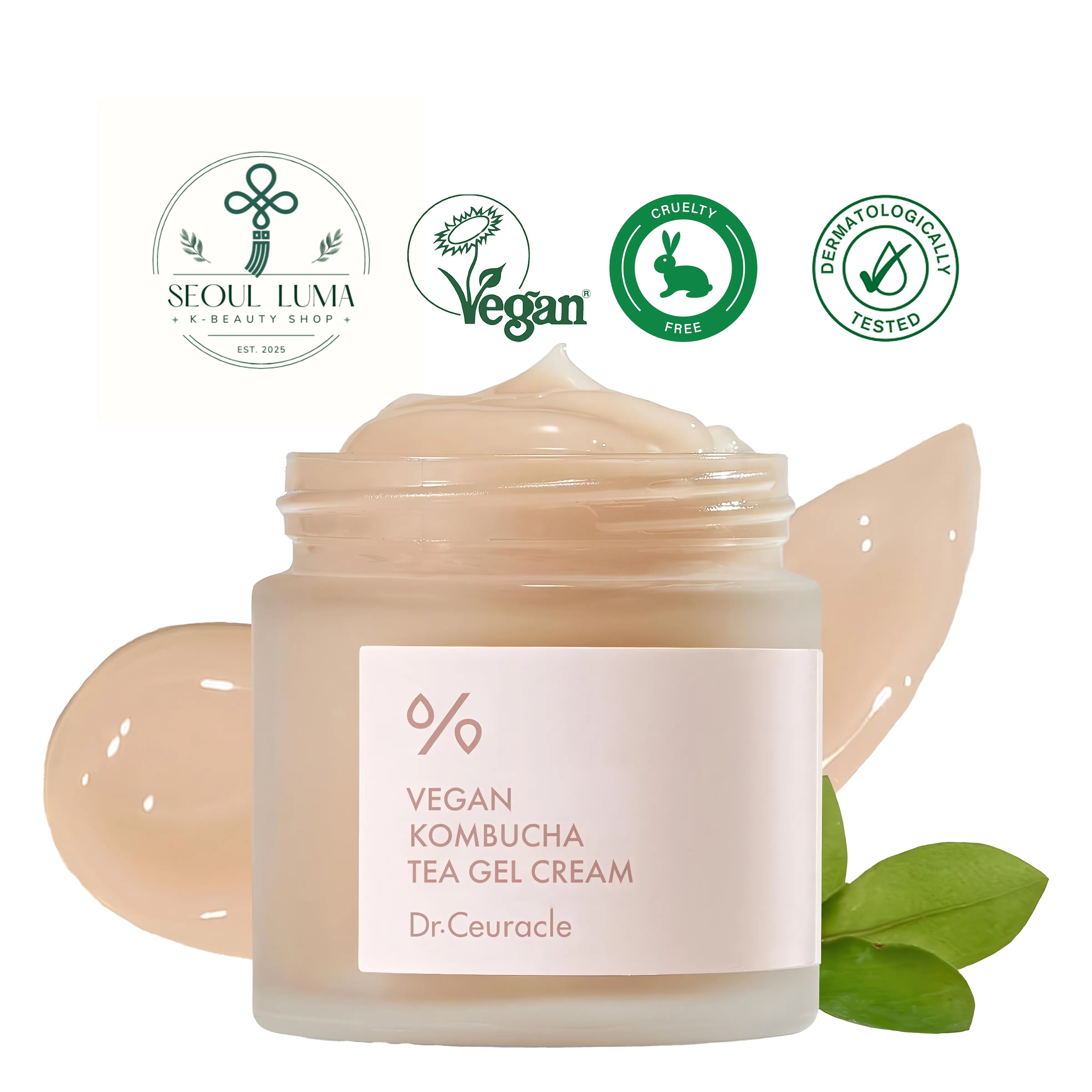 DR.CEURACLE Vegan Kombucha Tea Gel Cream with 20% fermented kombucha, green tea water, and probiotics for lightweight deep hydration