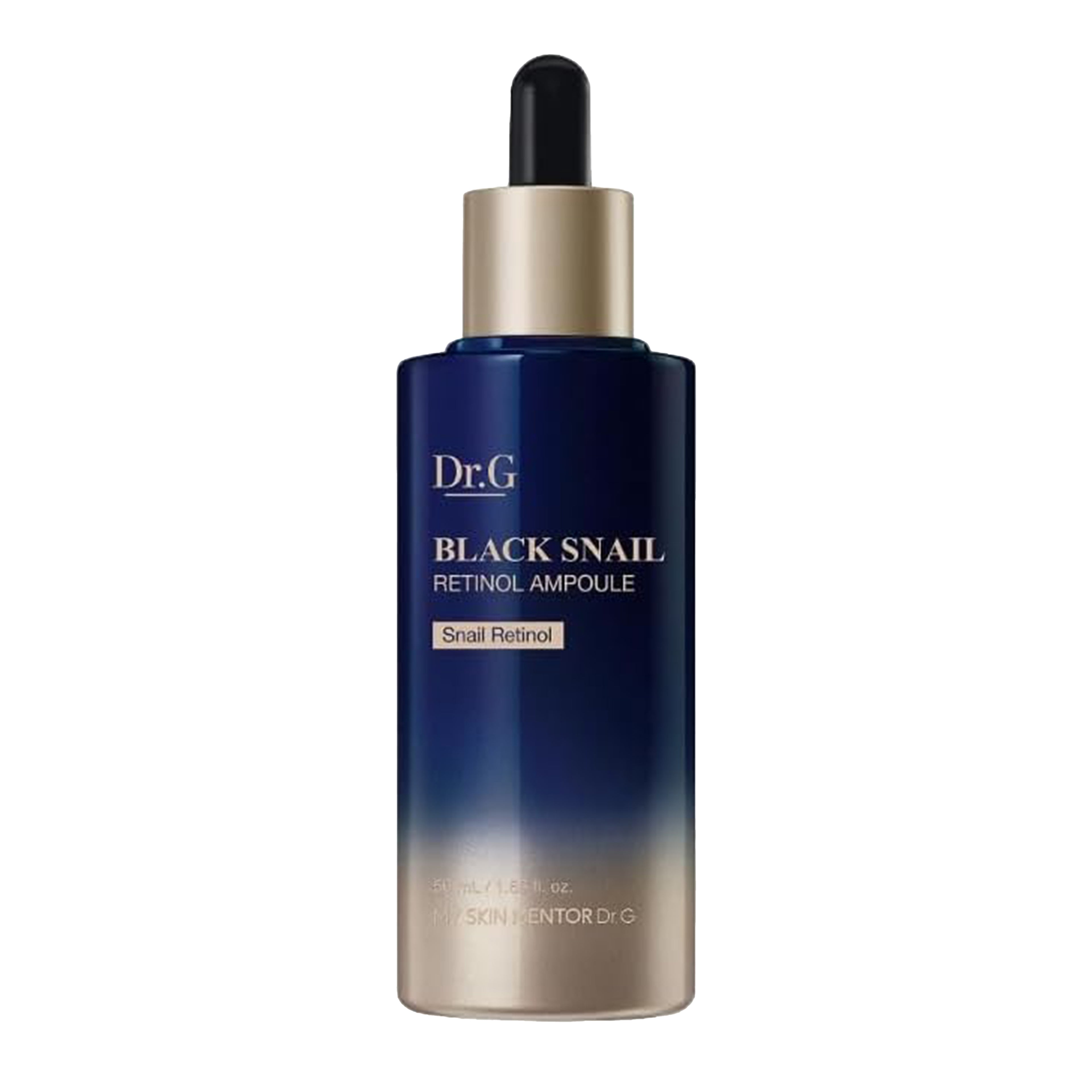DR.G Black Snail Retinol Ampoule 50ml showcasing the silky fluid texture smoothing fine lines and refining age pores in K-Beauty skincare.