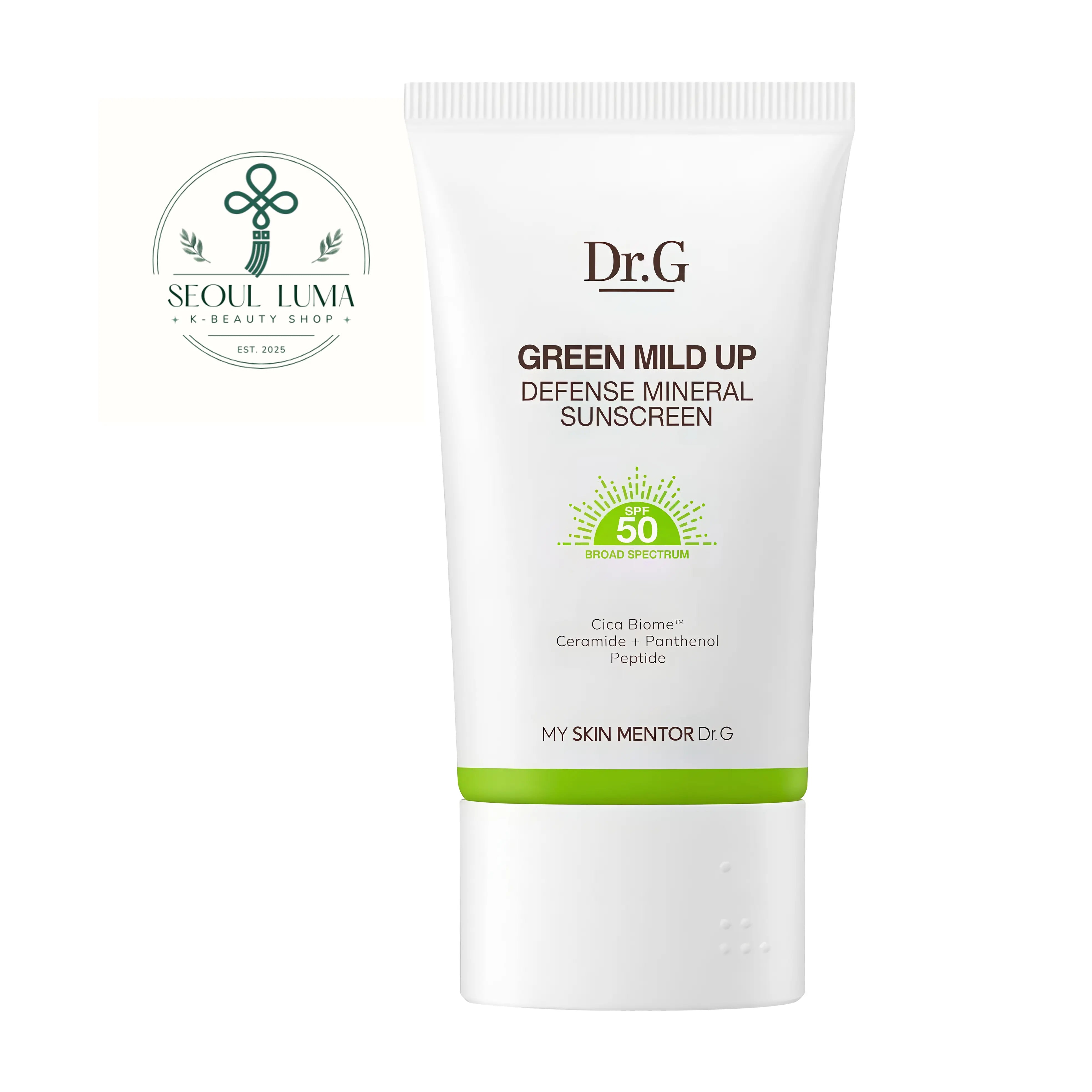Dr.G Green Mild Up Sun+ SPF50+ PA++++ (50ml). A gentle 100% mineral zinc oxide sunscreen with centella asiatica that protects sensitive skin without eye stinging or stickiness