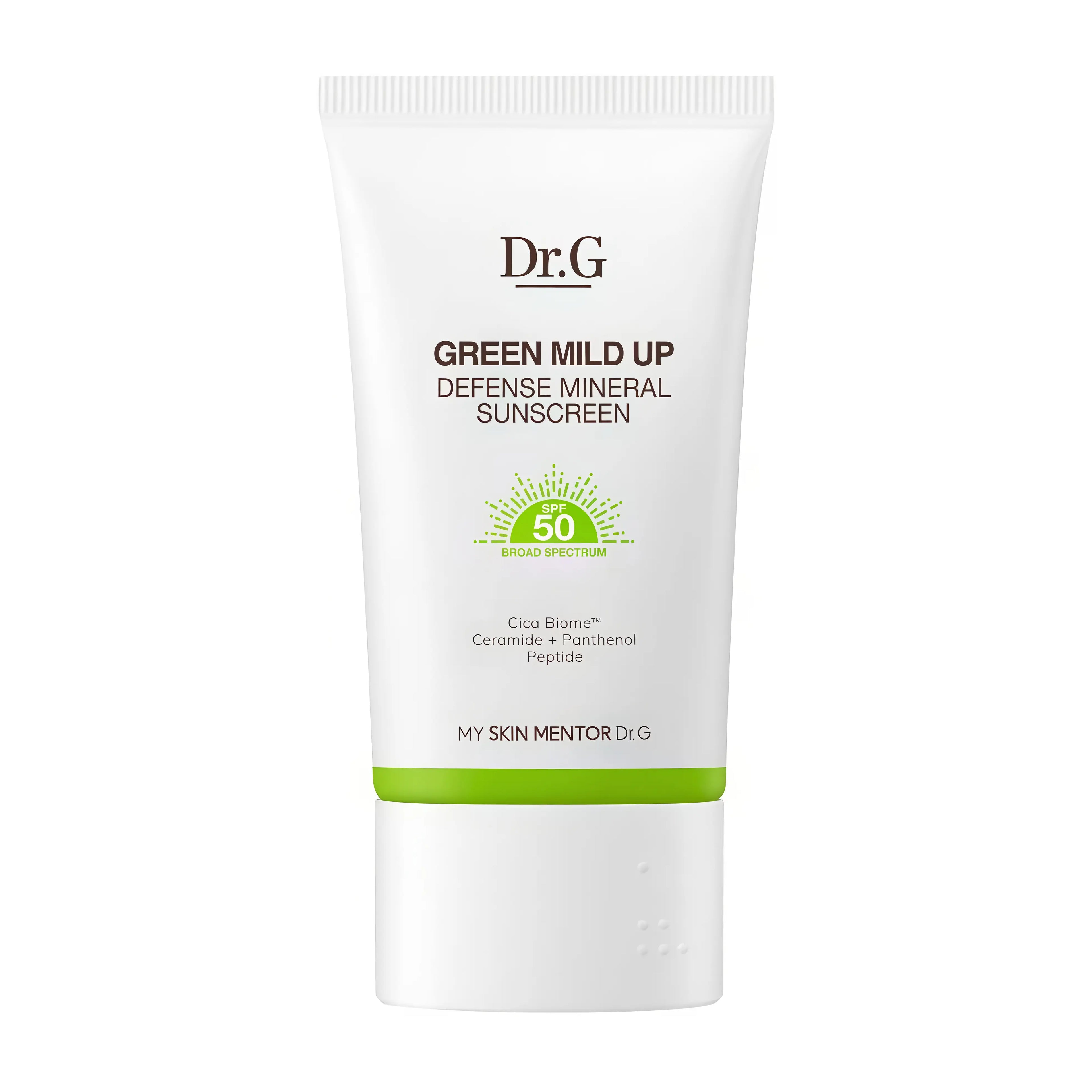 Dr.G Green Mild Up Sun+ SPF50+ PA++++ 50ml, mineral physical sunscreen with Zinc Oxide broad-spectrum UVA UVB protection no irritation, Centella Asiatica Houttuynia Cordata Ectoin soothing anti-inflammatory calming redness barrier repair for sensitive acne-prone skin, Sodium Hyaluronate Propanediol Butylene Glycol deep hydration moisture plumpness no dryness, Tocopherol Vitamin E Pinus Pinaster Bark Extract antioxidants oxidative stress defense environmental protection, Caesalpinia Spinosa Fruit Extract Kap