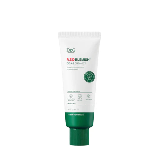 Dr.G Red Blemish Cica S Cream 2X 70ml soothing gel cream that calms redness strengthens skin barrier and hydrates sensitive acne prone skin