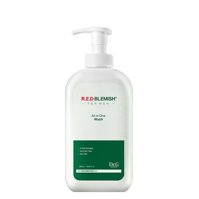 Dr.G Red Blemish For Men All In One Wash 500ml deep cleansing face and body wash designed to remove oil sweat and impurities while keeping skin fresh balanced and clear for men