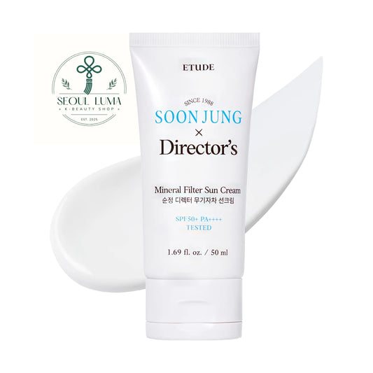Etude SoonJung Director’s Mineral Filter Sun Cream SPF50+ PA++++ (50ml). A gentle non-nano physical sunscreen with panthenol and cica, co-developed with Director Pi for sensitive skin