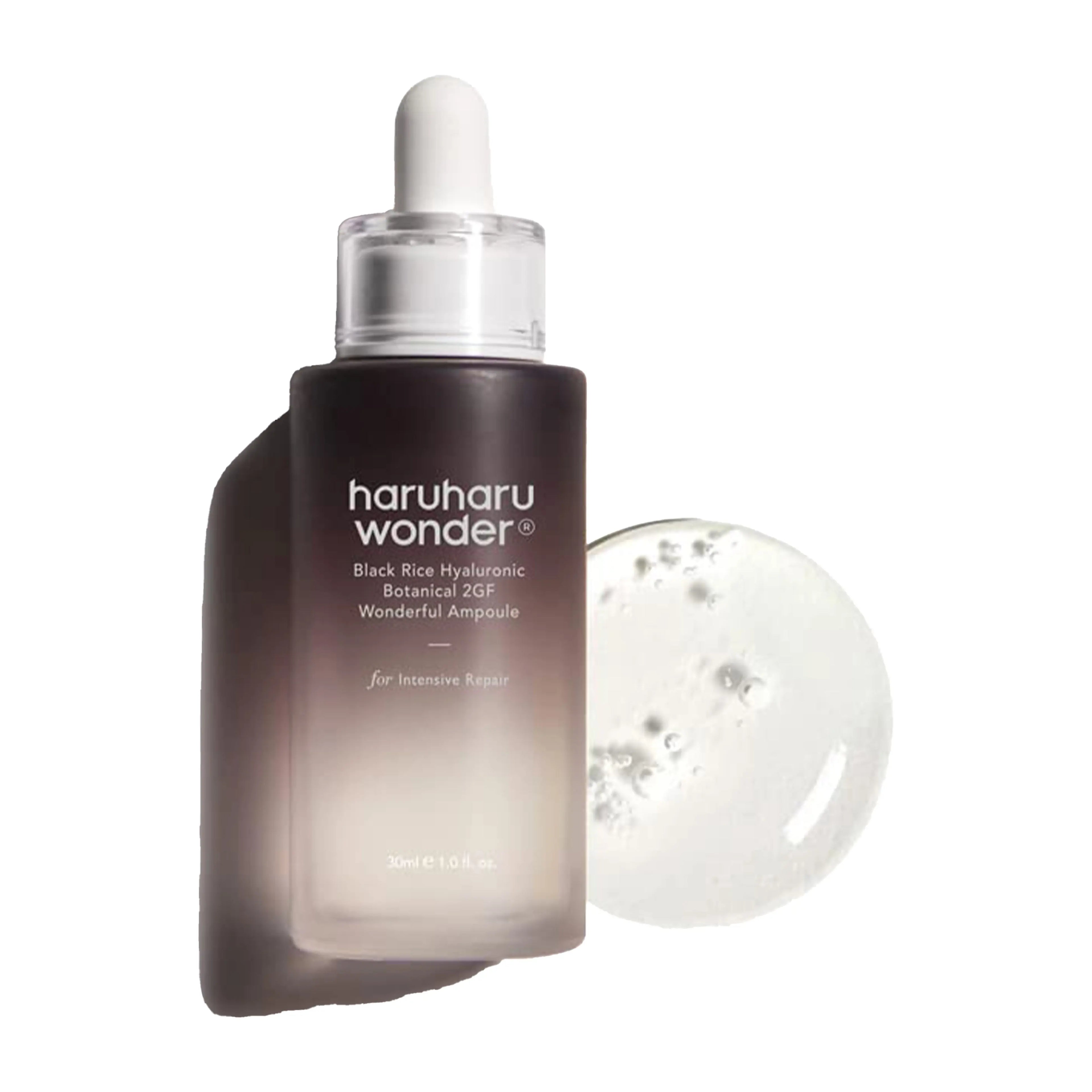 Haruharu Wonder Black Rice Hyaluronic Botanical 2GF Wonderful Ampoule 30ml. K-beauty rejuvenating ampoule with EGF, FGF, and fermented black rice for skin lifting