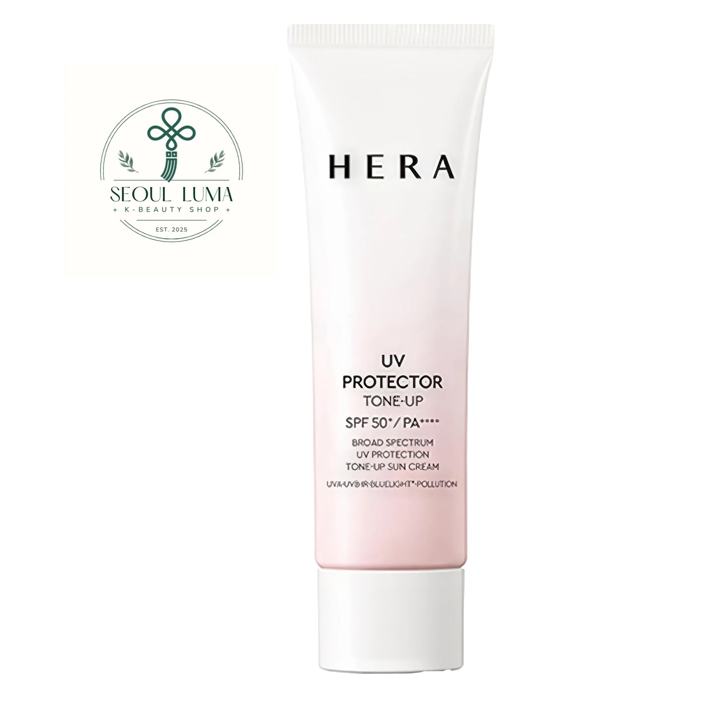 Hera UV Protector Tone-Up SPF50+ PA++++ (50ml). A premium peach-tinted brightening sunscreen that corrects dullness and protects against urban pollution with a radiant glow finish