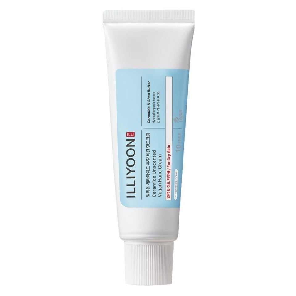 ILLIYOON Ceramide Fragrance Free Hand Cream 50ml showcasing the rich melting white cream texture healing dry cracked hands and protecting the skin barrier in Korean skincare.