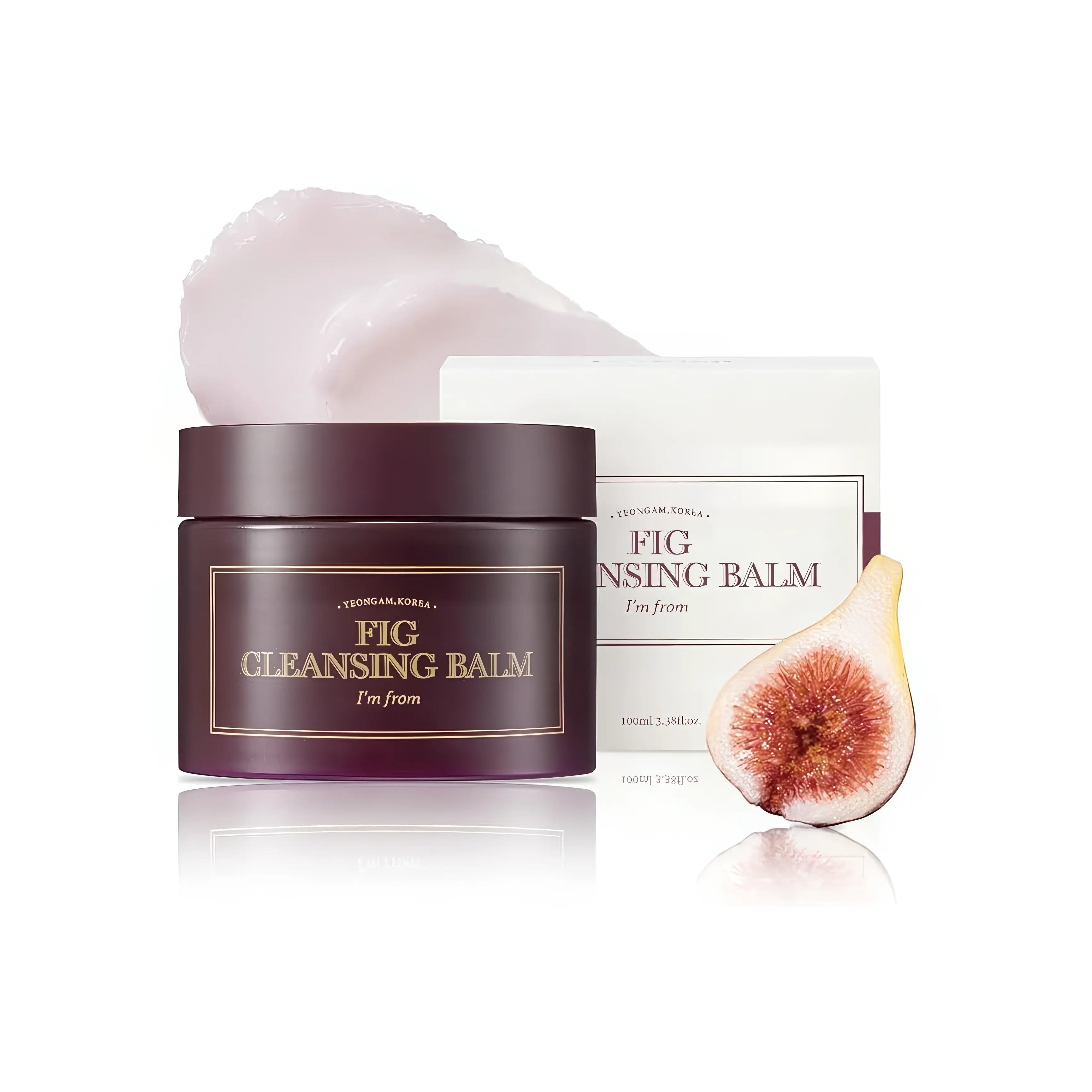 I'm From Fig Cleansing Balm 100ml jar container showcasing a solid pinkish sorbet texture melting into a silky cleansing oil for rough skin, combination skin, and sensitive skin types. This nourishing first step cleanser incorporates fig oil water to provide gentle waterproof makeup removal, deep pore blackhead clearing, and smooth skin texture refining benefits without stripping or leaving a greasy residue.