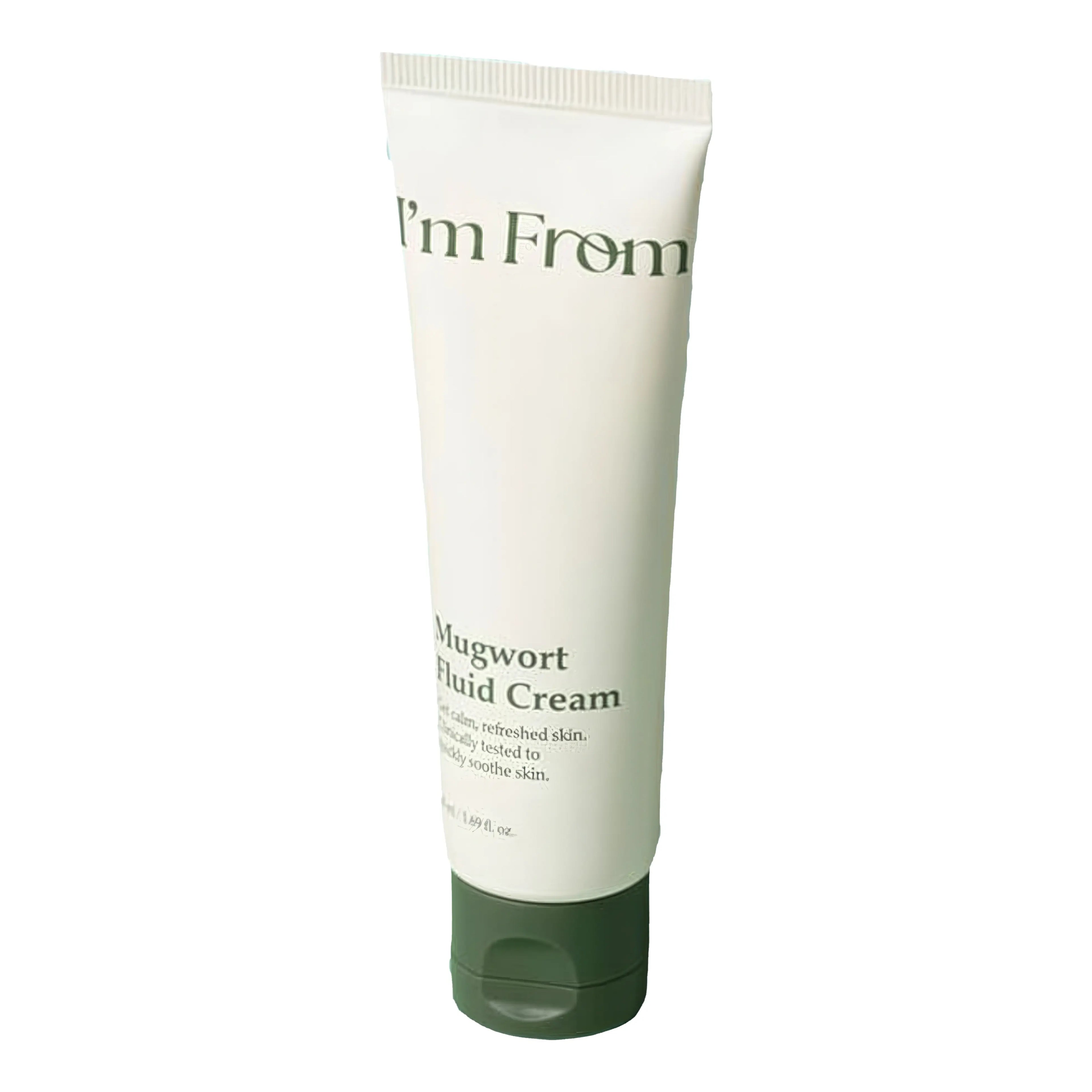 I'm From Mugwort Fluid Cream 50ml bottle displaying an ultra-lightweight fluid lotion cream texture optimized for sensitive skin, acne-prone skin, combination skin, and redness-prone irritated skin types. This calming korean water-based moisturizer utilizes cold-extracted Ganghwa mugwort extract to offer rapid skin redness relief, weightless barrier repair defense, and healthy oil-water balance without clogging pores or leaving oily grease.