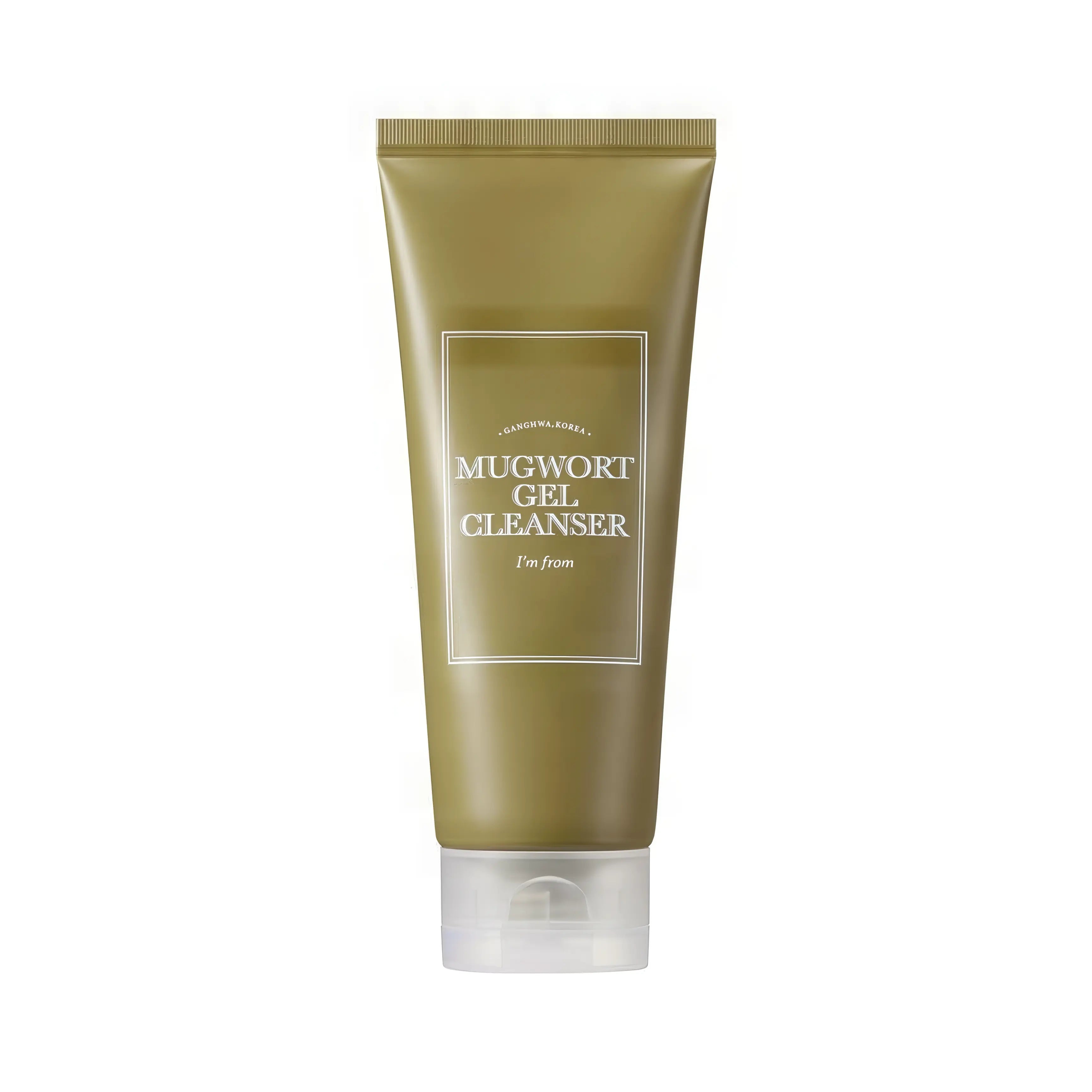 I'm From Mugwort Gel Cleanser 150ml squeeze tube container displaying a lightweight soothing water-based gel cleanser formula designed for sensitive skin, acne-prone skin, combination skin, and redness-prone irritated skin types. This low pH korean gel wash features 60% Ganghwa mugwort extract to deliver intensive skin barrier protection, fine dust removal, daily gentle pore purifying, and instant redness soothing relief without stripping natural hydration or leaving dry tightness.