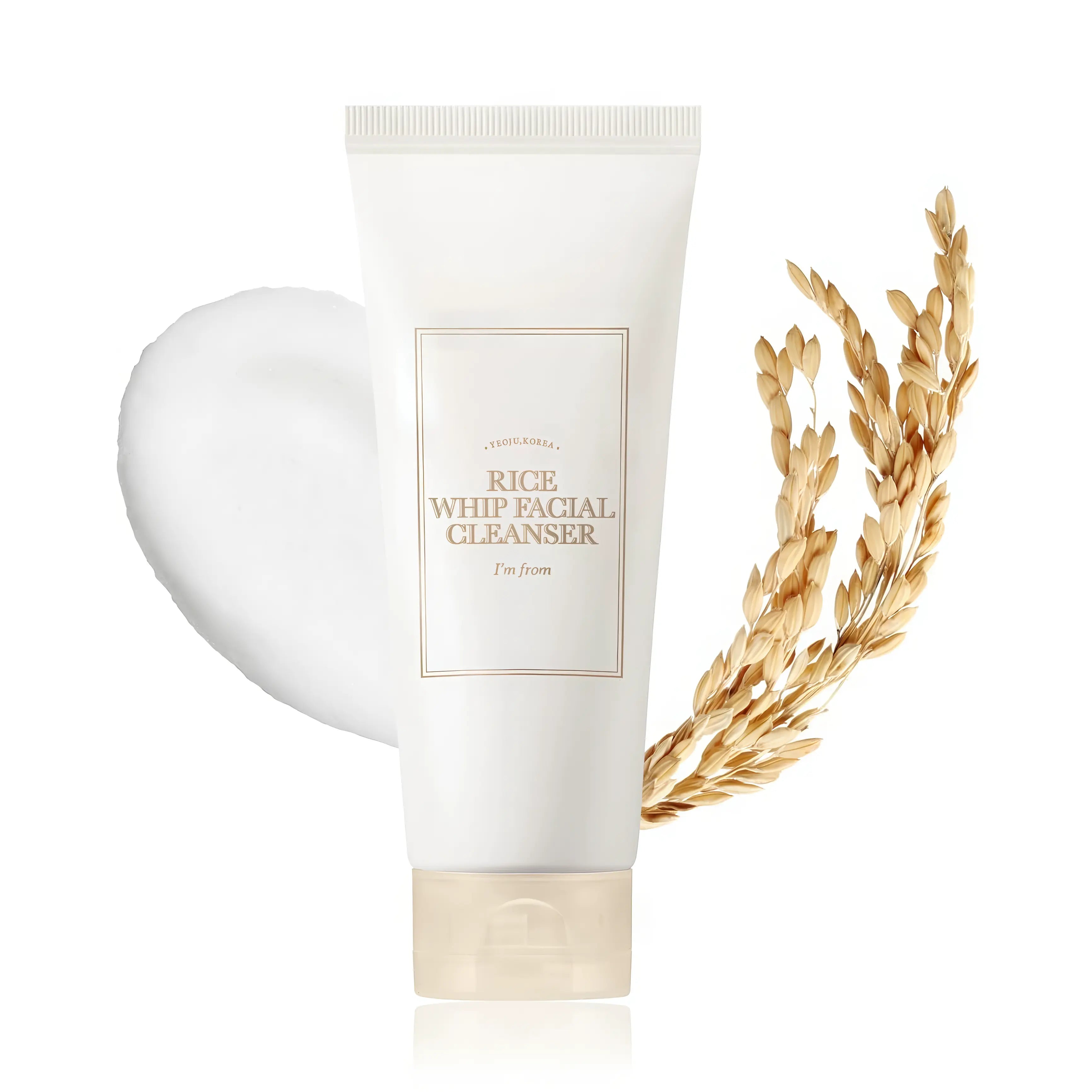 I'm From Rice Whip Facial Cleanser 150ml squeeze tube container showcasing a rich, dense whipped cream texture designed for dull skin, dry skin, and sensitive skin types. This moisturizing korean face wash utilizes Yeoju rice bran extract to offer skin brightening care, deep moisture pore cleansing, and smooth texture refining benefits without stripping the skin barrier or leaving dry tightness.