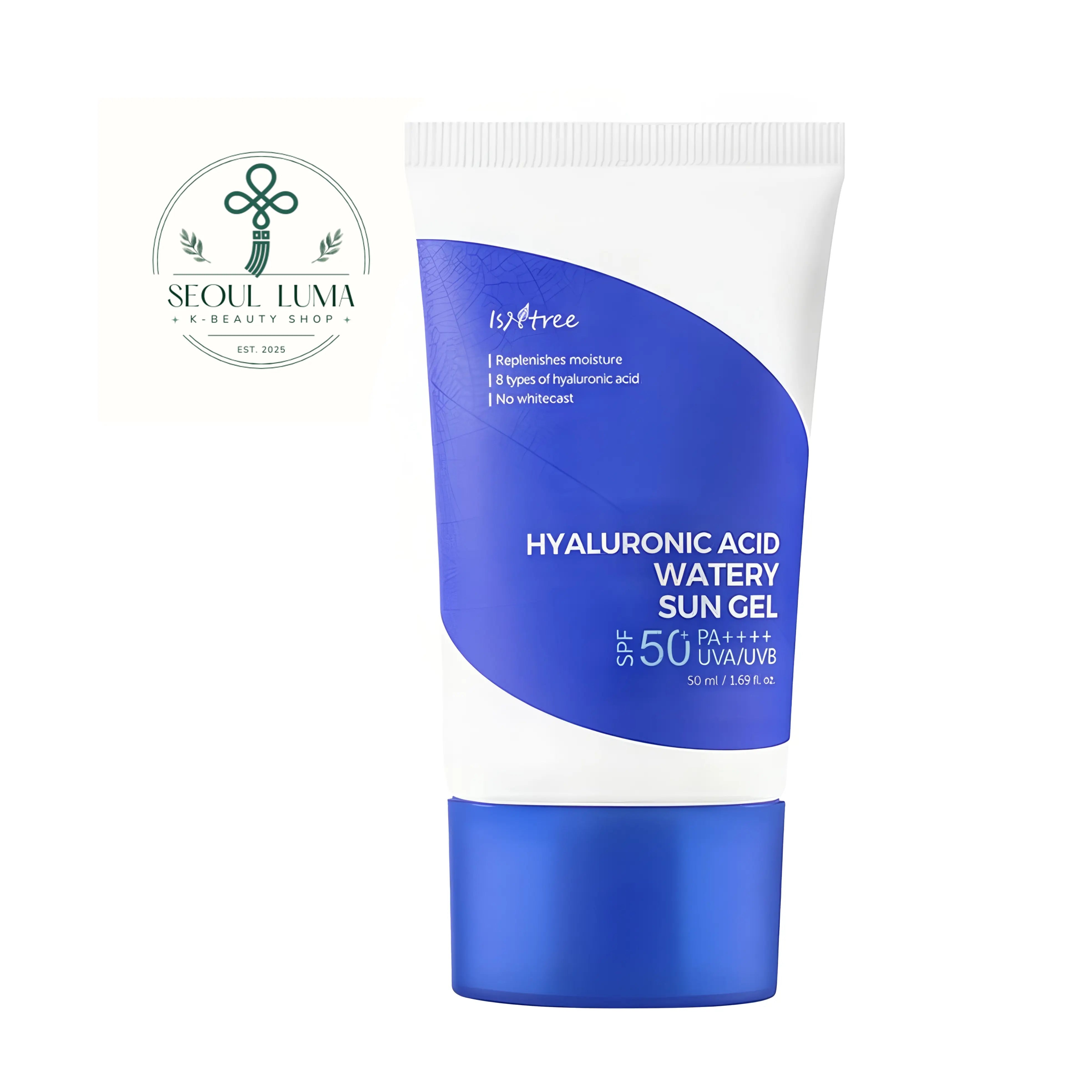 Isntree Hyaluronic Acid Watery Sun Gel SPF50+ PA++++ (50ml). A hydrating chemical sunscreen with 8 types of hyaluronic acid and centella asiatica that absorbs quickly without a white cast
