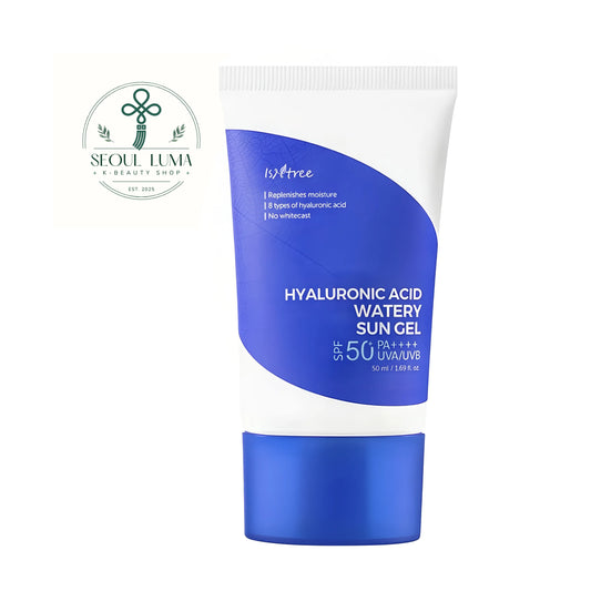 Isntree Hyaluronic Acid Watery Sun Gel SPF50+ PA++++ (50ml). A hydrating chemical sunscreen with 8 types of hyaluronic acid and centella asiatica that absorbs quickly without a white cast