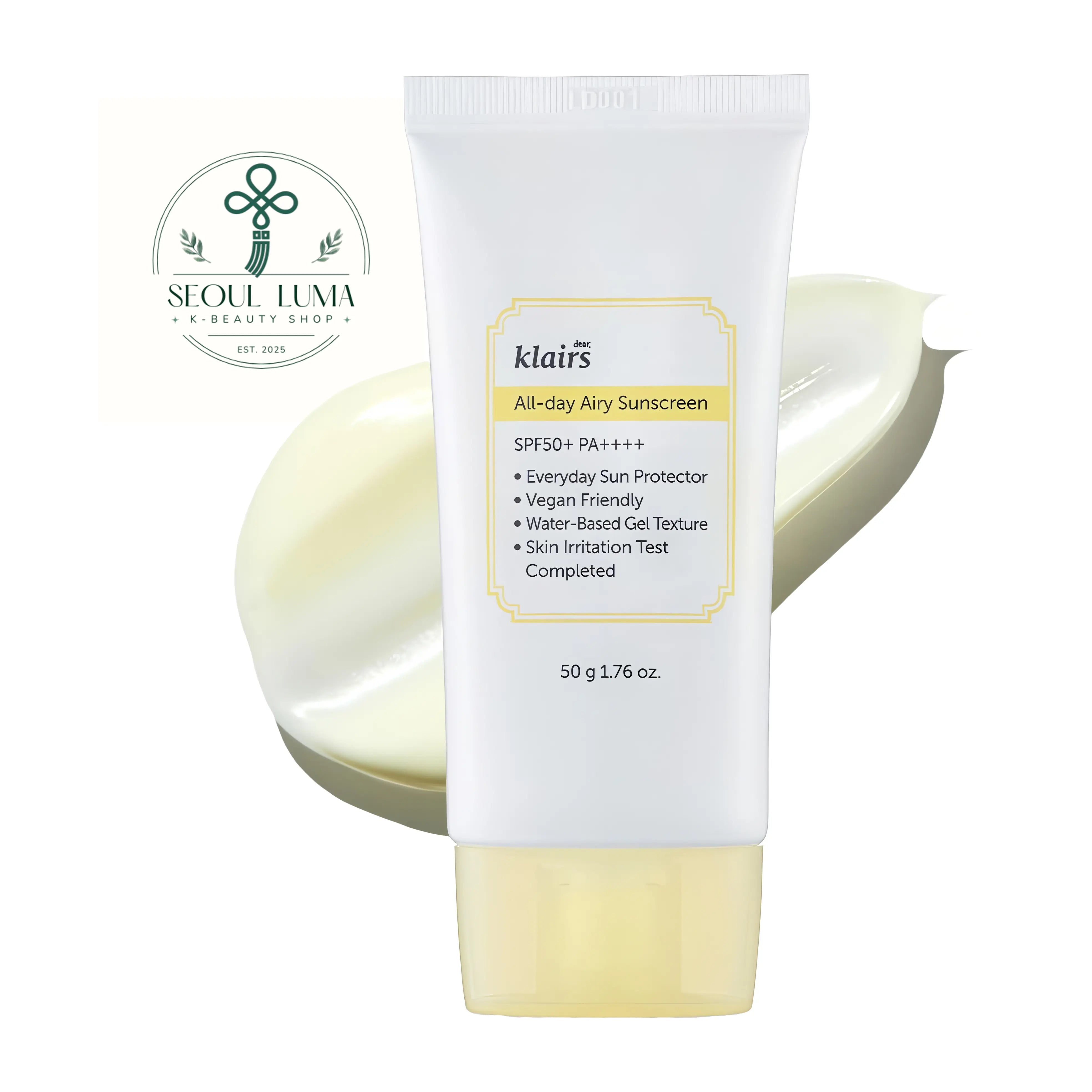 Klairs All-day Airy Sunscreen SPF50+ PA++++ (50ml). An ultra-lightweight vegan chemical sunscreen that absorbs instantly like a gel lotion without white cast or stickiness