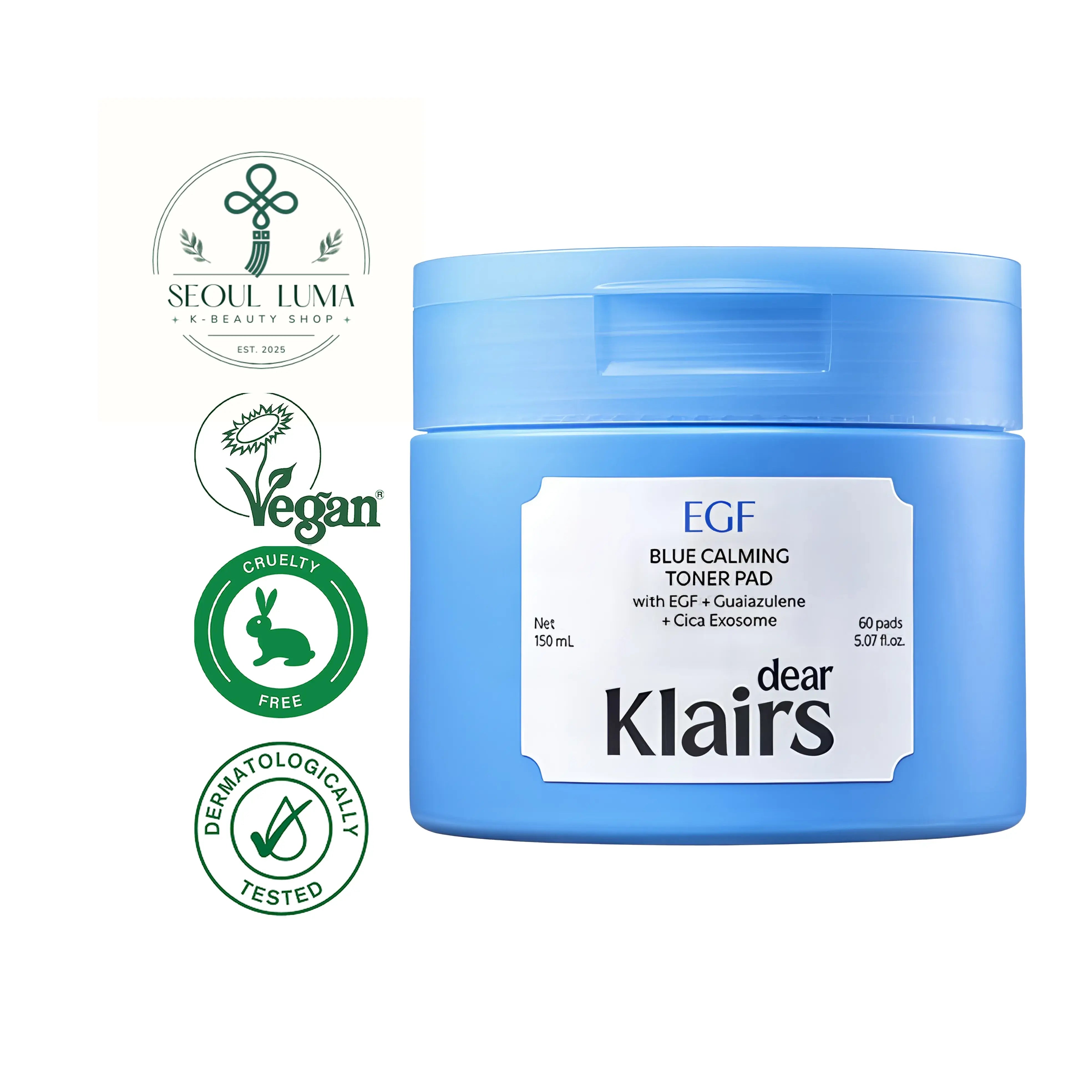 Klairs EGF Blue Calming Toner Pads with EGF Peptide and Guaiazulene for daily calming and texture improvement