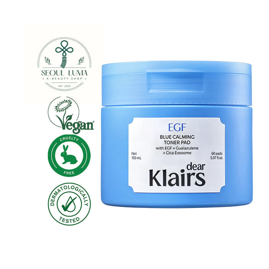Klairs EGF Blue Calming Toner Pads with EGF Peptide and Guaiazulene for daily calming and texture improvement