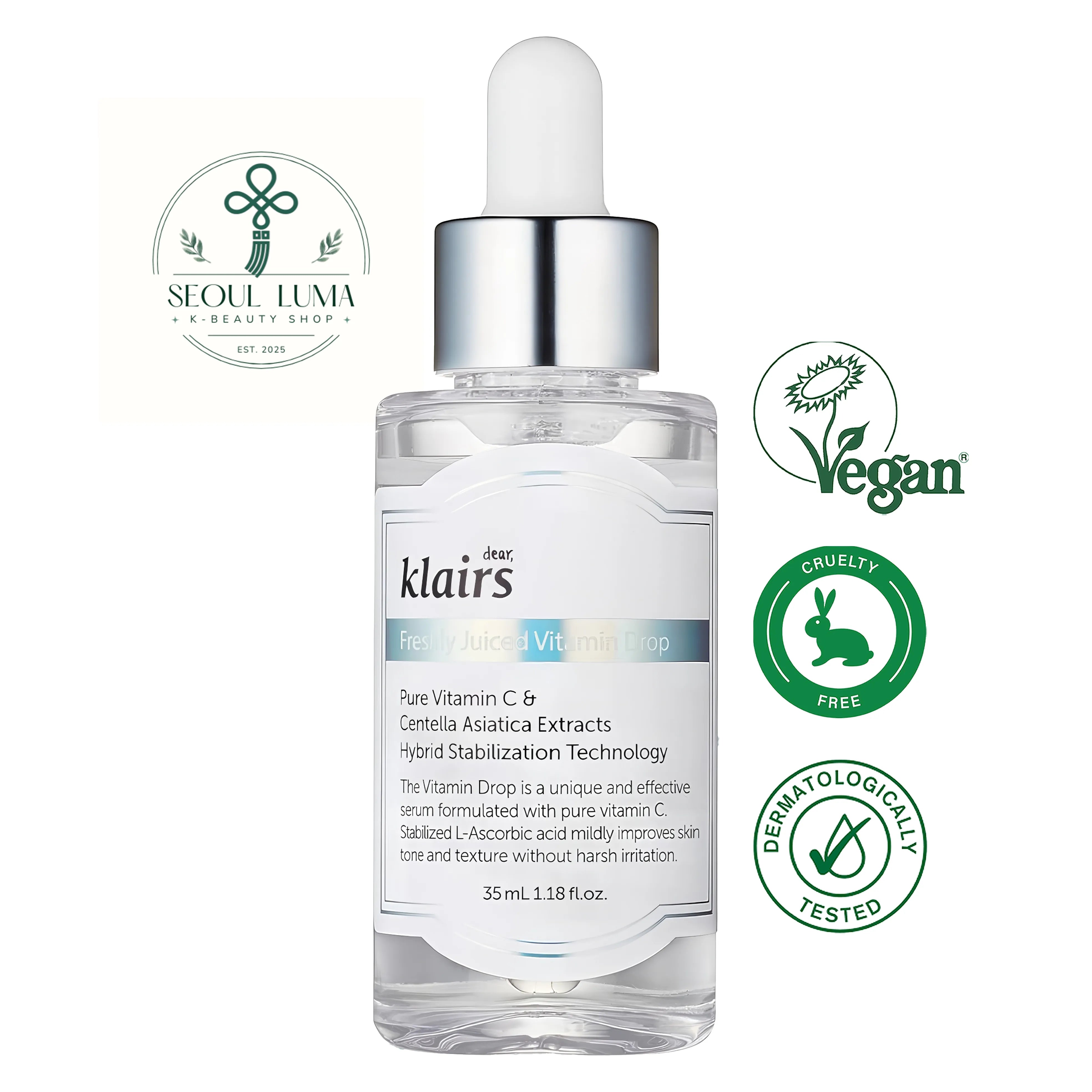 Klairs Freshly Juiced Vitamin Drop with 5% pure ascorbic acid, Centella Asiatica, and botanicals for daily brightening and sensitive skin care
