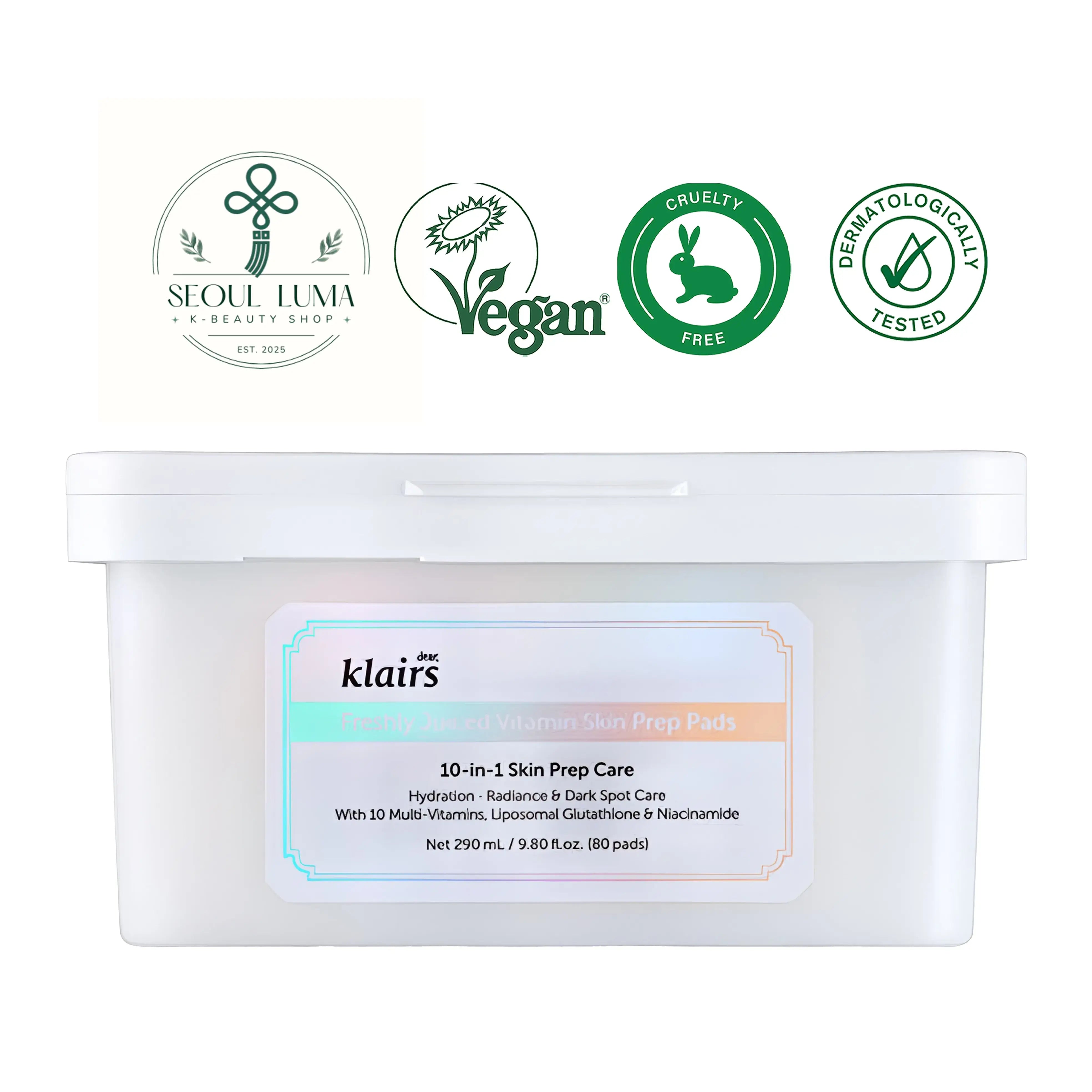 Klairs Freshly Juiced Vitamin Skin Prep Pads with 10 Vitamins and split design for makeup prep and brightening