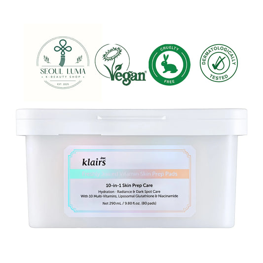 Klairs Freshly Juiced Vitamin Skin Prep Pads with 10 Vitamins and split design for makeup prep and brightening