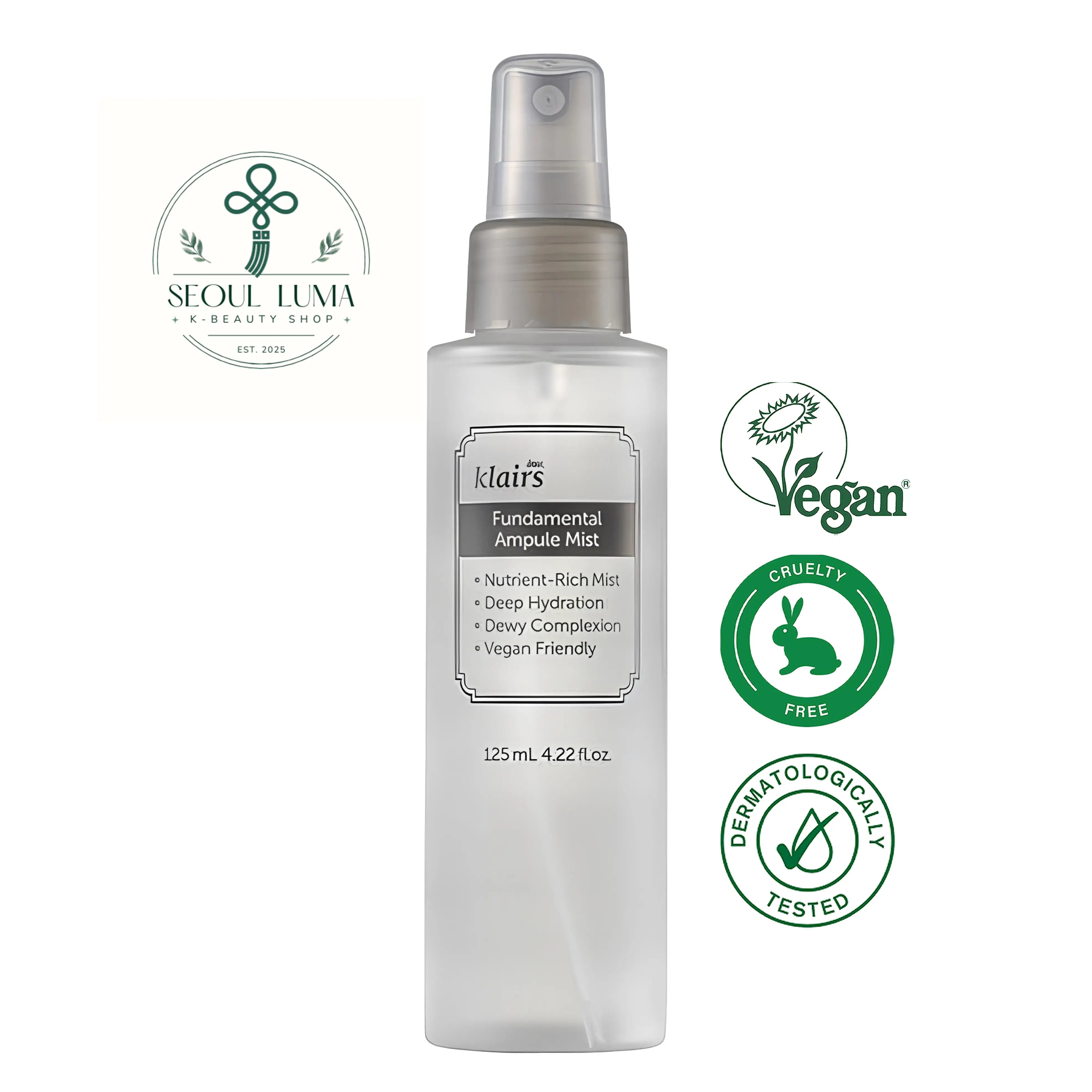 Klairs Fundamental Ampule Mist with 82% Green Tea Water and Ceramide NP for instant hydration and antioxidant protection