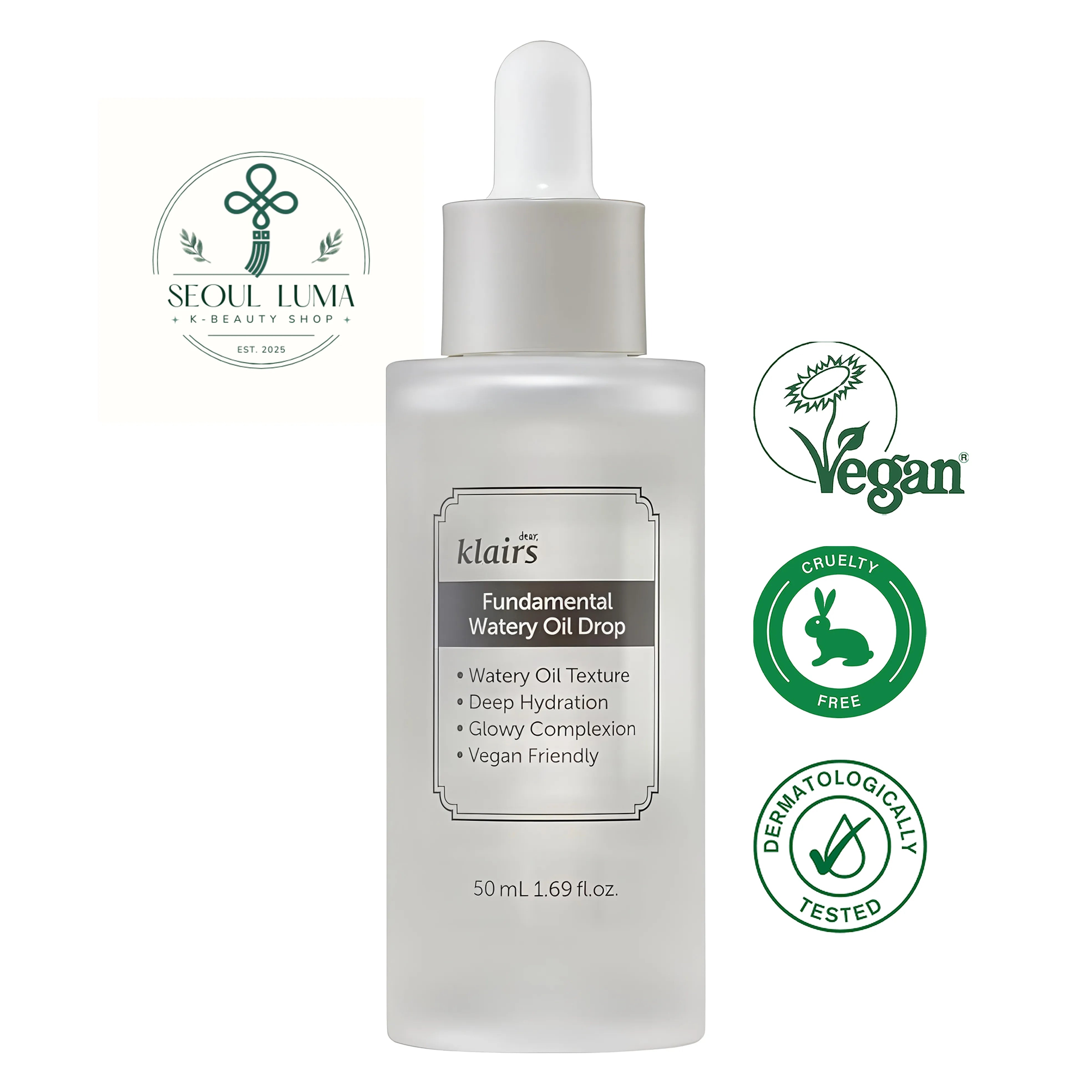 Klairs Fundamental Watery Oil Drop with Jeju green tea water, peptides, and ceramide for oil-free hydration and anti-aging benefits
