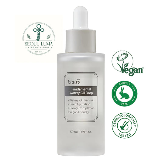 Klairs Fundamental Watery Oil Drop with Jeju green tea water, peptides, and ceramide for oil-free hydration and anti-aging benefits